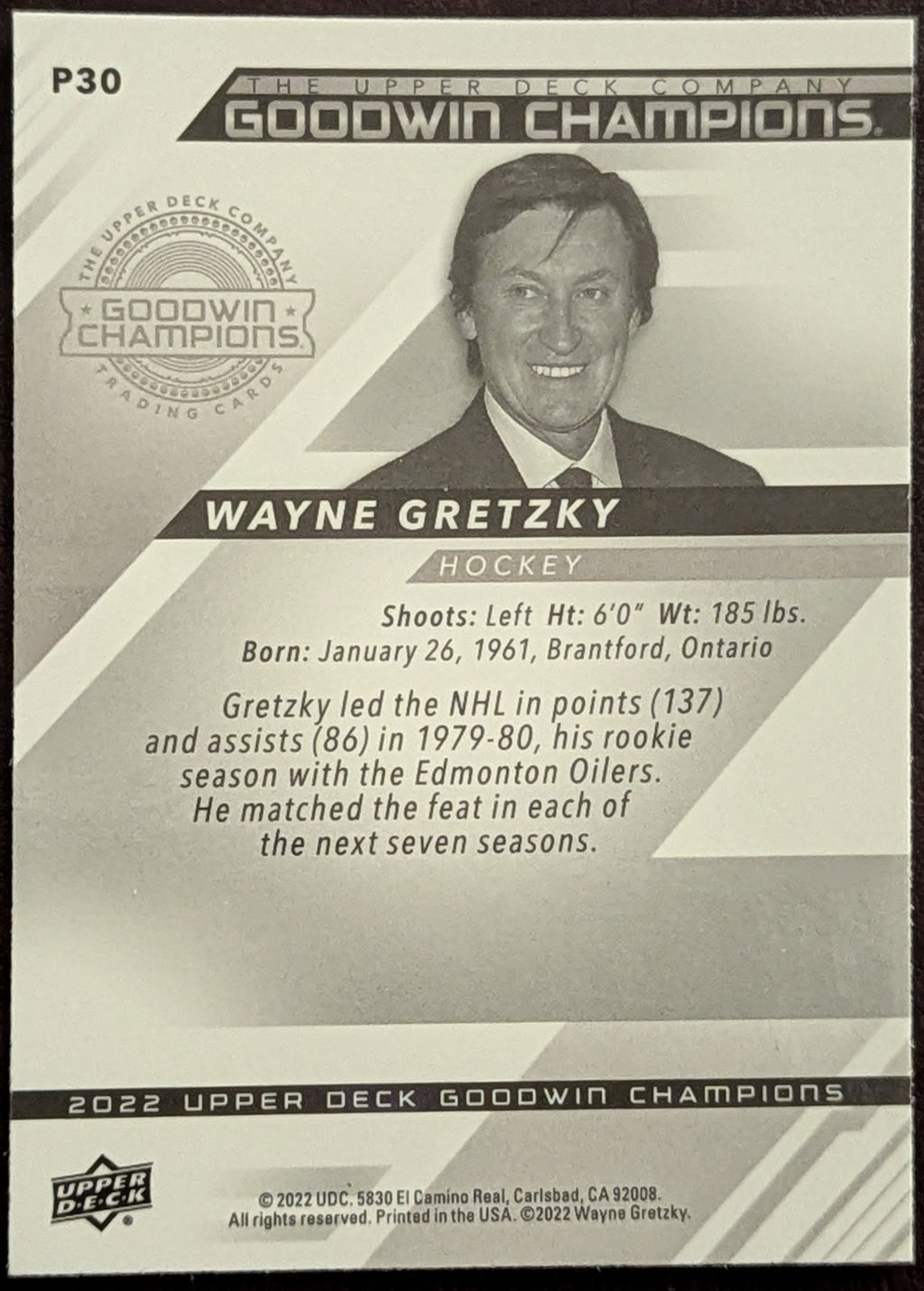 2022 Upper Deck Goodwin Champions Wayne Gretzky #P-30 Platinum Oilers image 2
