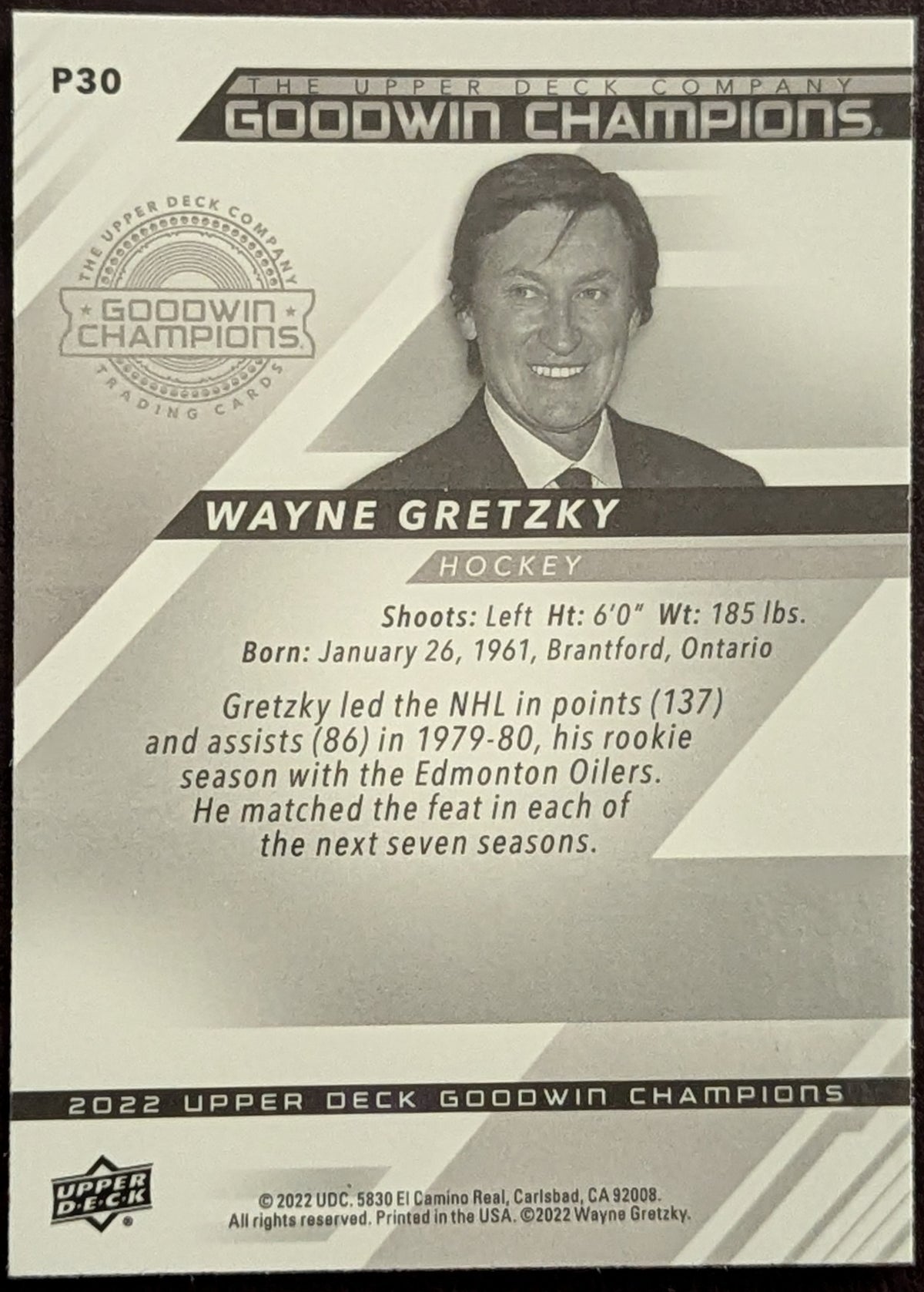 2022 Upper Deck Goodwin Champions Wayne Gretzky #P-30 Platinum Oilers image 2