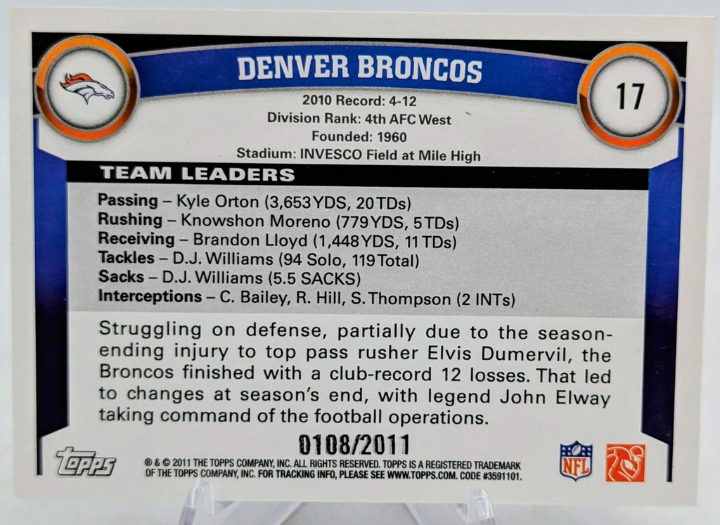 2011 Topps Denver Broncos Team Card AFC West Division #17 Gold /2011 image 2