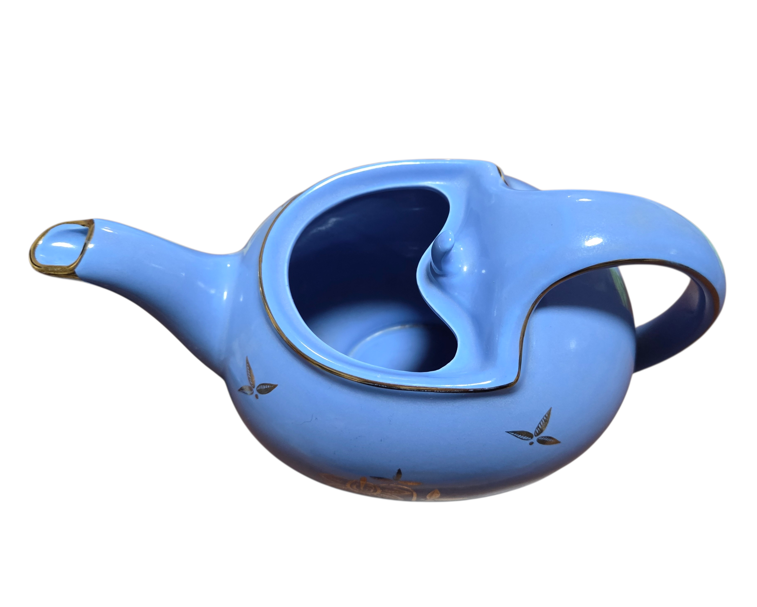1940's Hall 6 Cup Teapot 0749 Cadet Blue Gold Hook Lid USA Pottery image 3