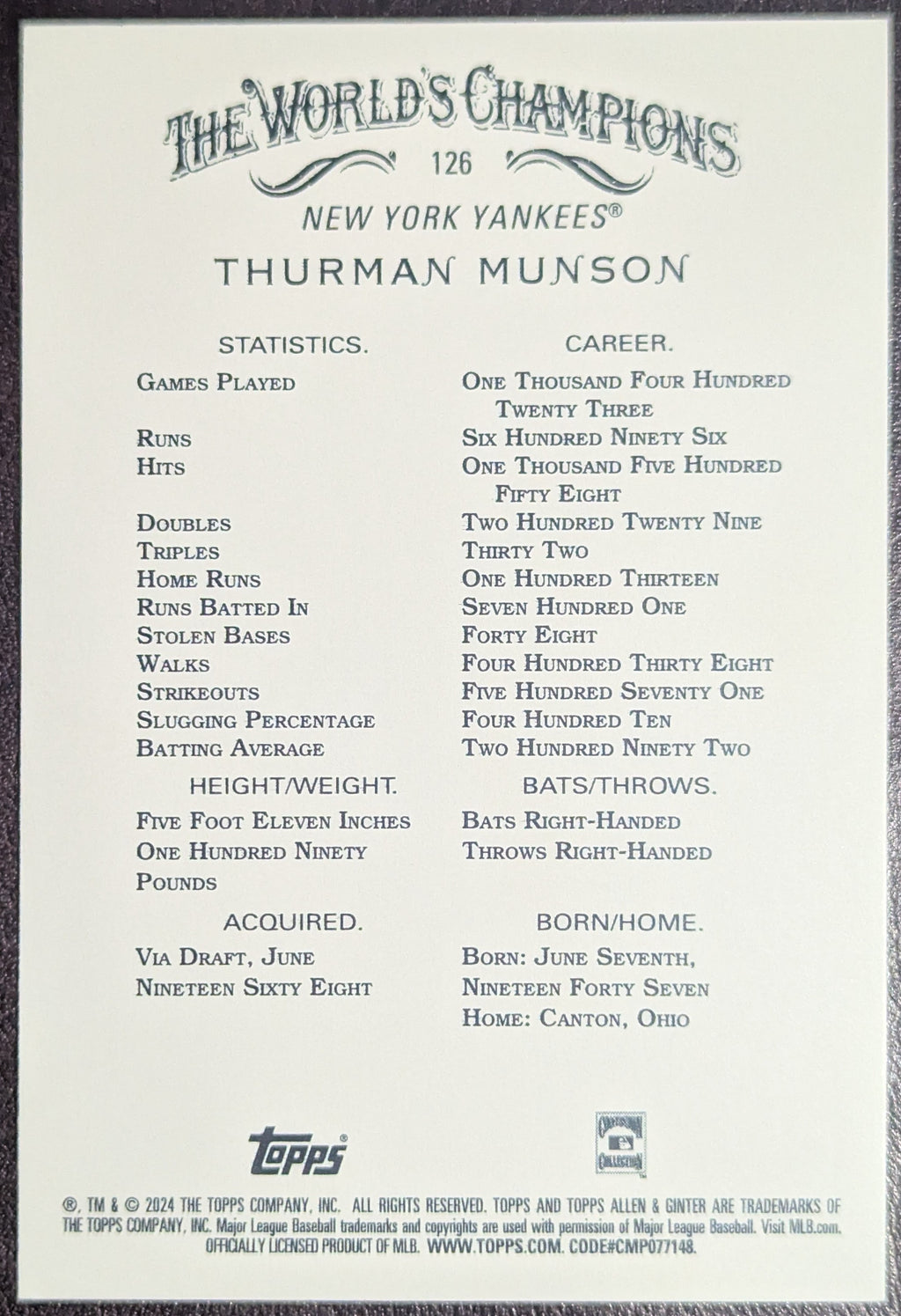 2024 Topps Allen & Ginter Hot Box Foil SP #126 Thurman Munson Yankees image 2