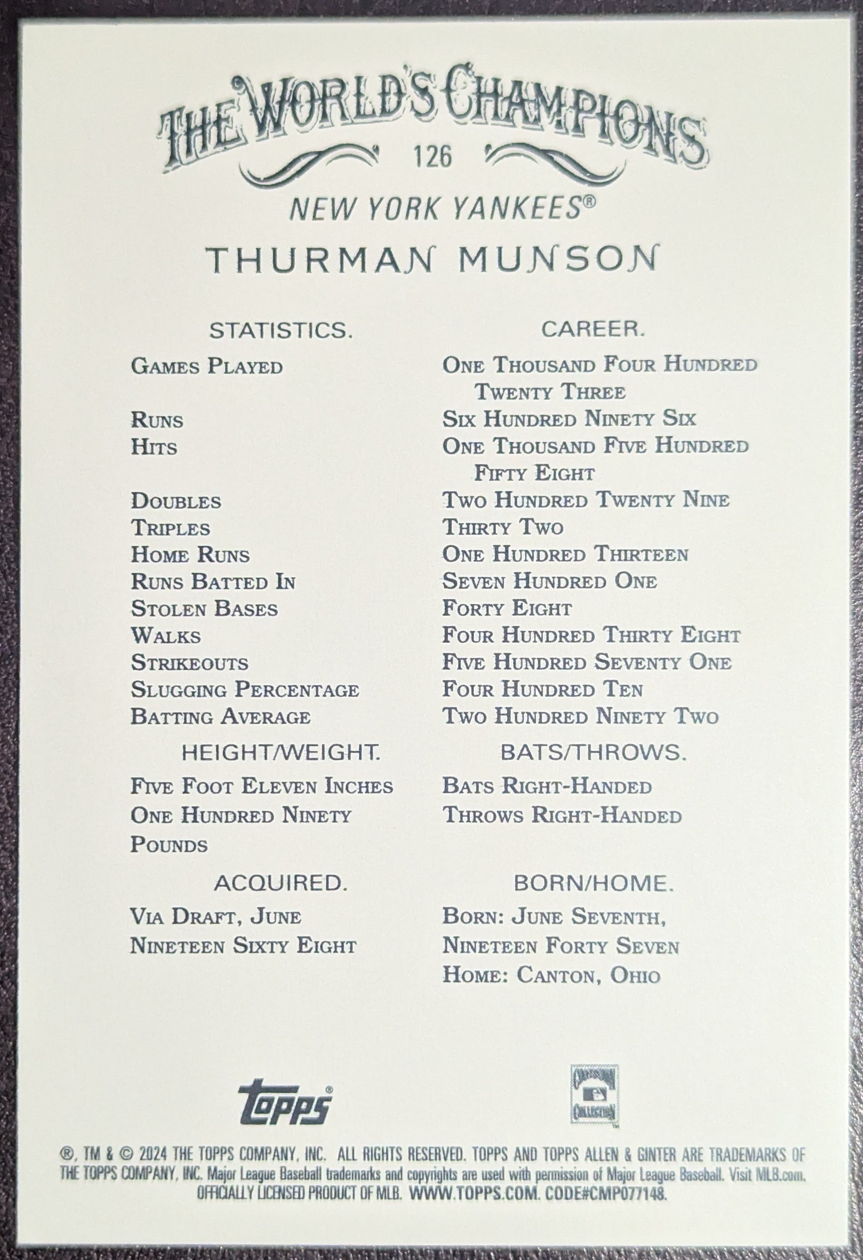 2024 Topps Allen & Ginter Hot Box Foil SP #126 Thurman Munson Yankees image 2