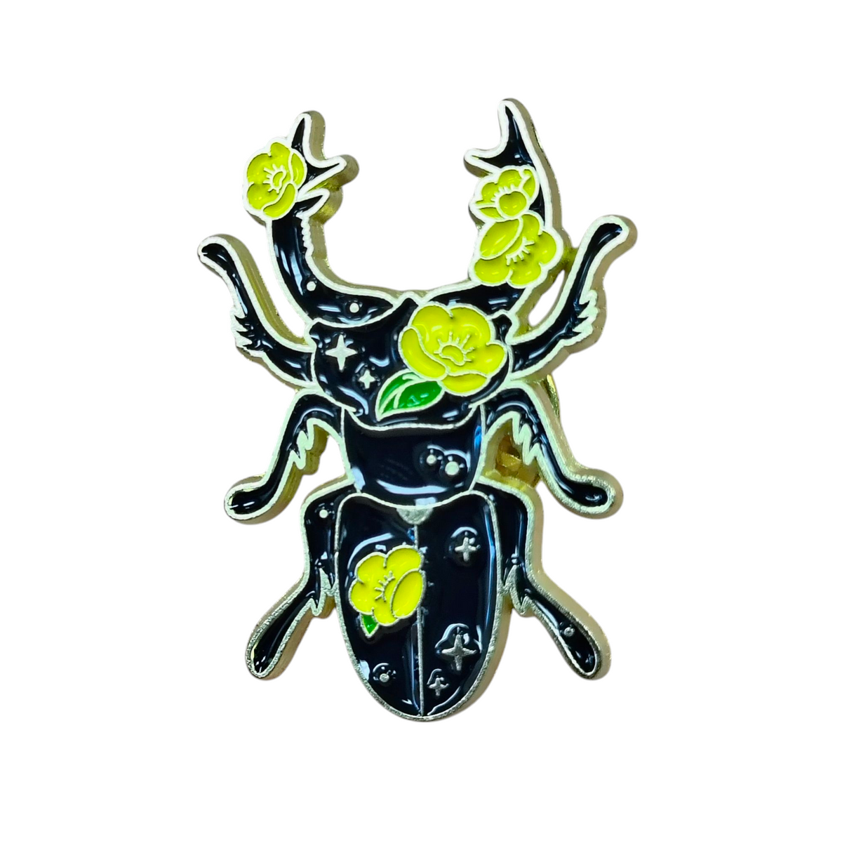 Black And Gold Tone Stag Beetle Adorned With Yellow Flowers Enamel Pin