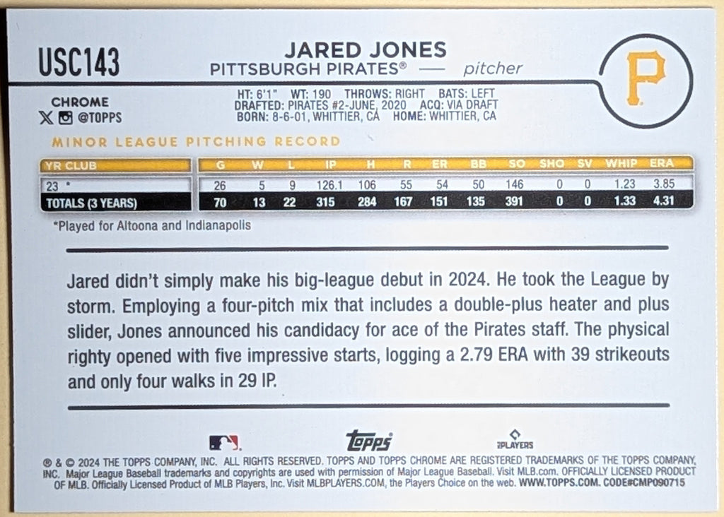 2024 Topps Chrome Update Jared Jones X-Fractor Rookie RC #USC143 Pirates image 2