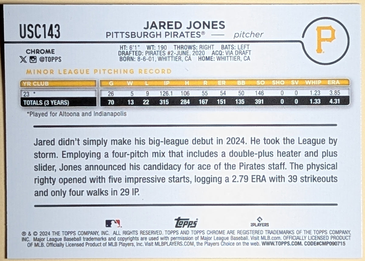 2024 Topps Chrome Update Jared Jones X-Fractor Rookie RC #USC143 Pirates image 2