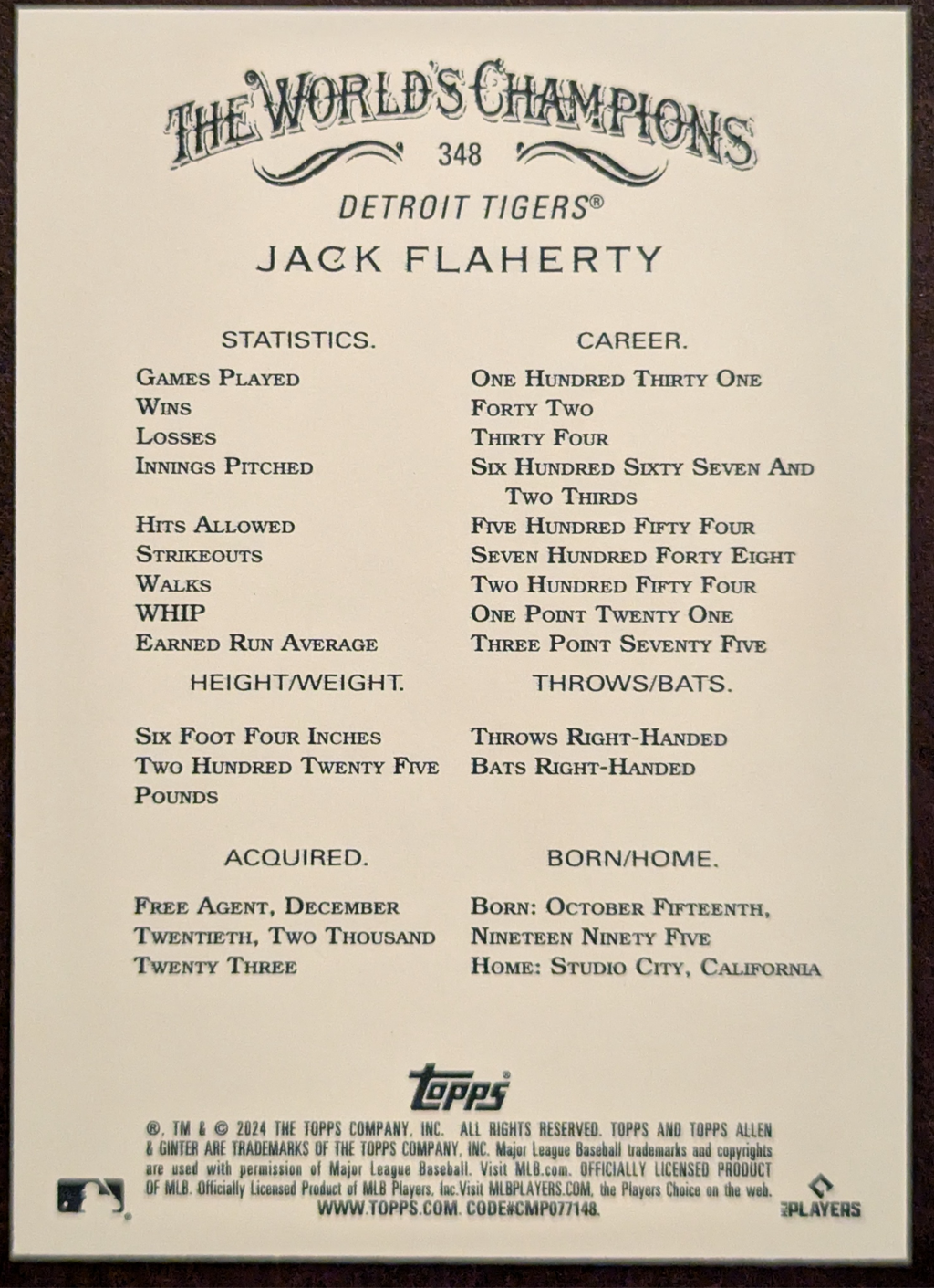 2024 Topps Allen & Ginter Hot Box Foil Jack Flaherty #348 Detroit Tigers image 2
