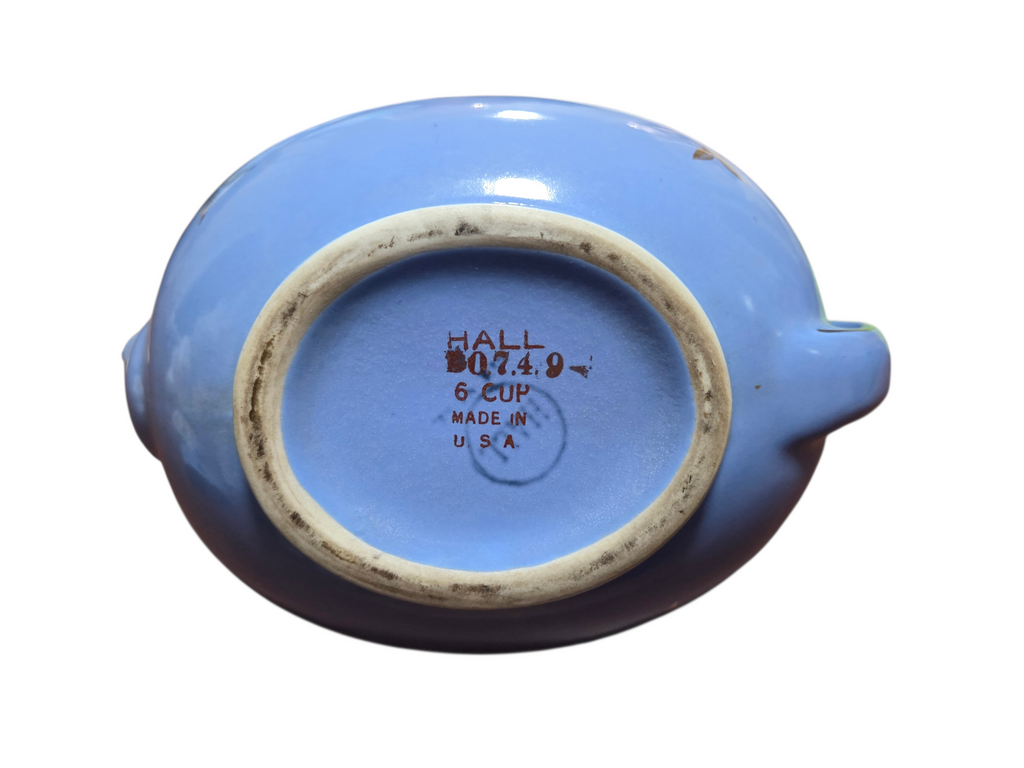 1940's Hall 6 Cup Teapot 0749 Cadet Blue Gold Hook Lid USA Pottery image 4