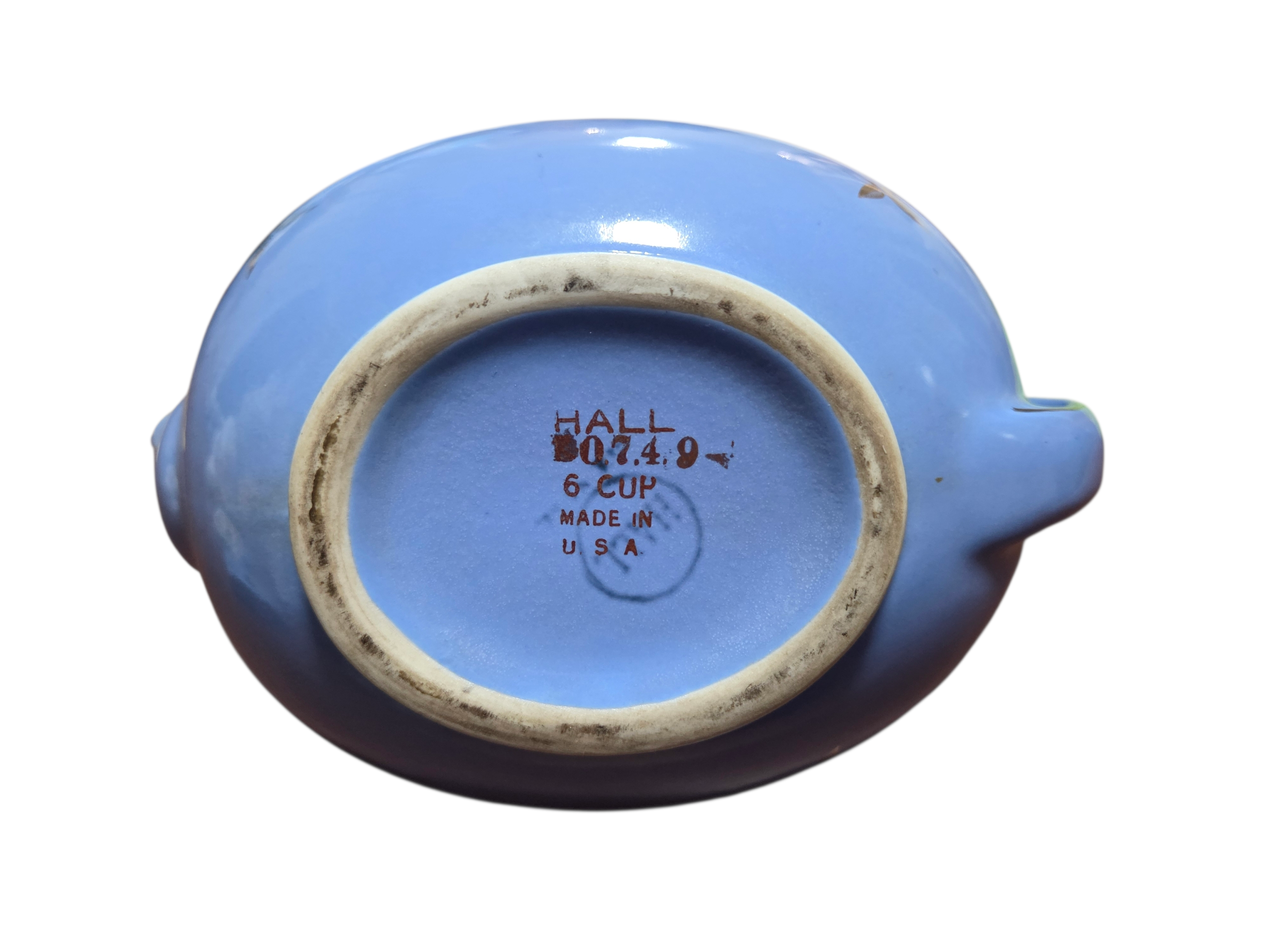 1940's Hall 6 Cup Teapot 0749 Cadet Blue Gold Hook Lid USA Pottery image 4