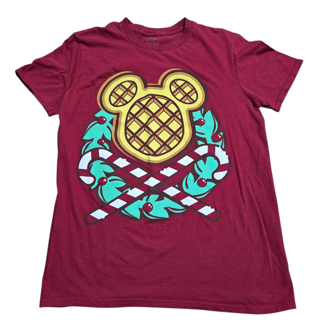 The Lost Bros Mickey Mouse Christmas Waffle Wreath Candy Cane Red T-Shirt Medium