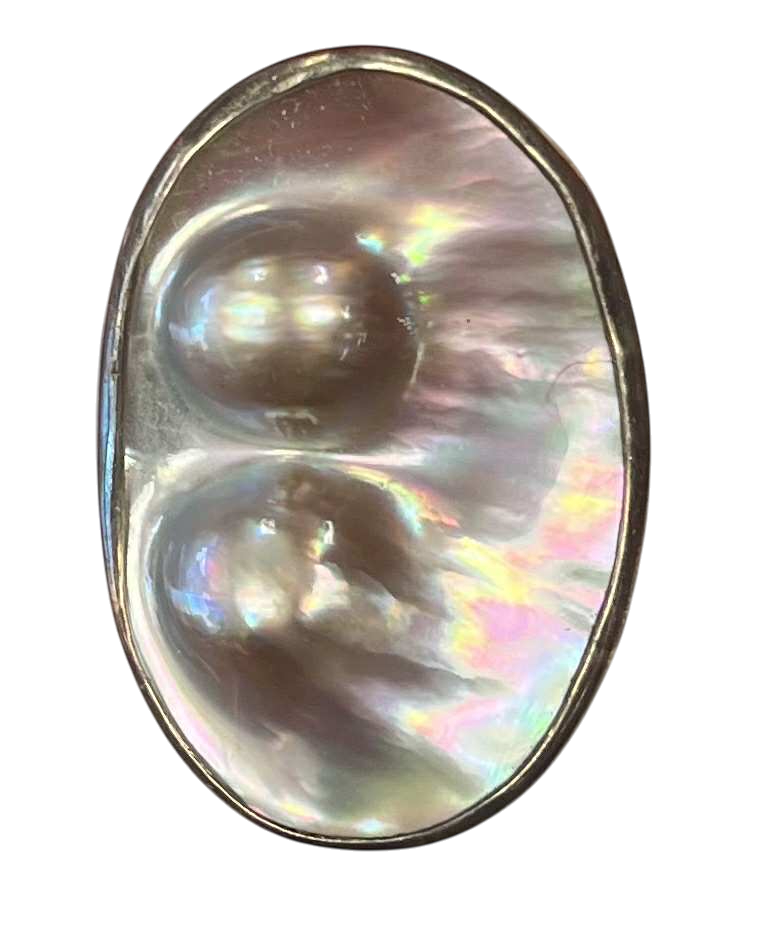 Vintage Double Mabe Pearl In Shell Iridescent Oval Pendant For Necklace