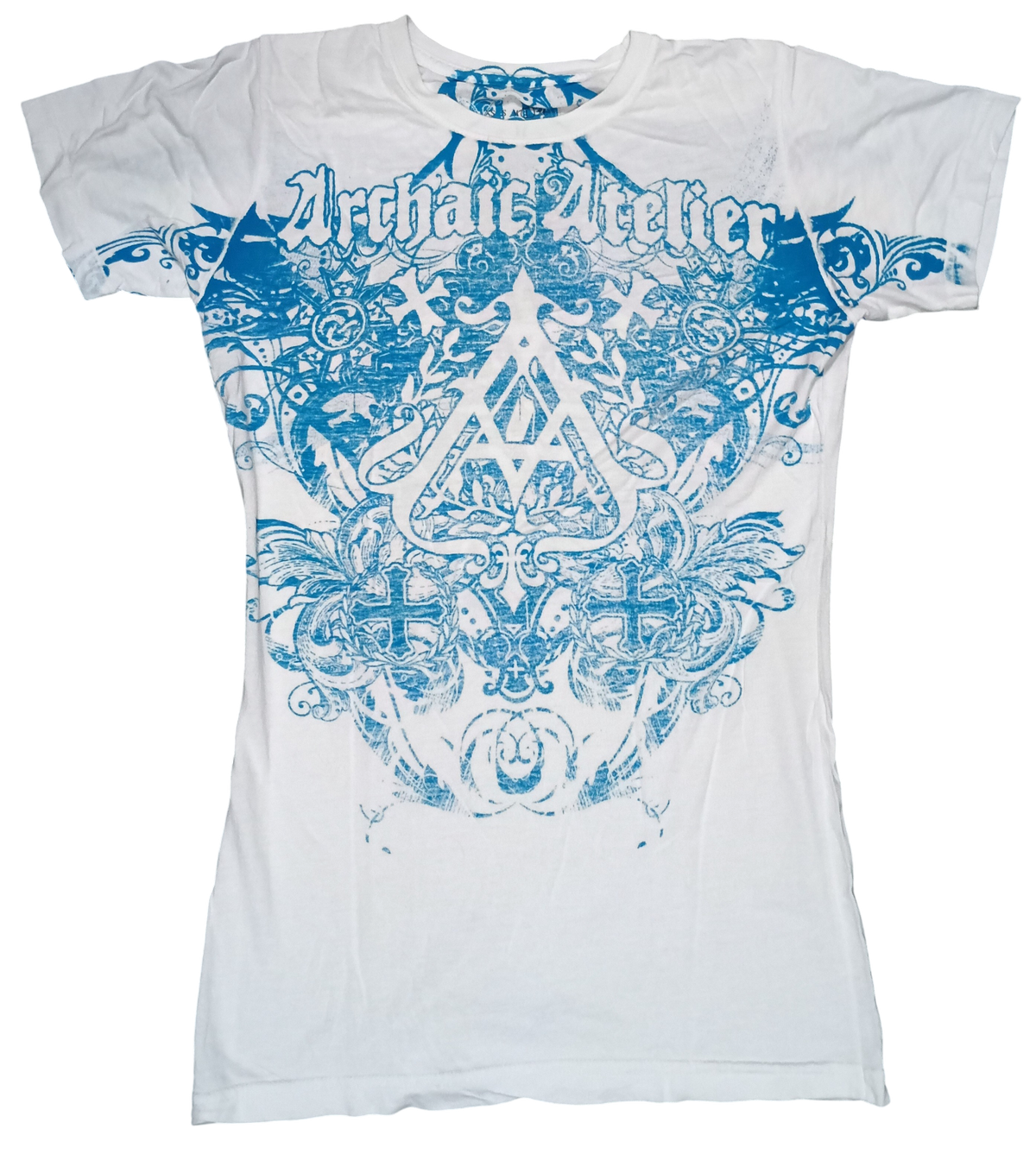 Y2K Archaic Atelier By Affliction White And Blue Womens Slim Fit Large T-Shirt