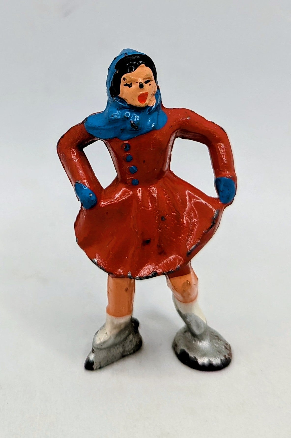 Vintage Lead Barclay Manoil Ice Skater Female Red Blue Figure