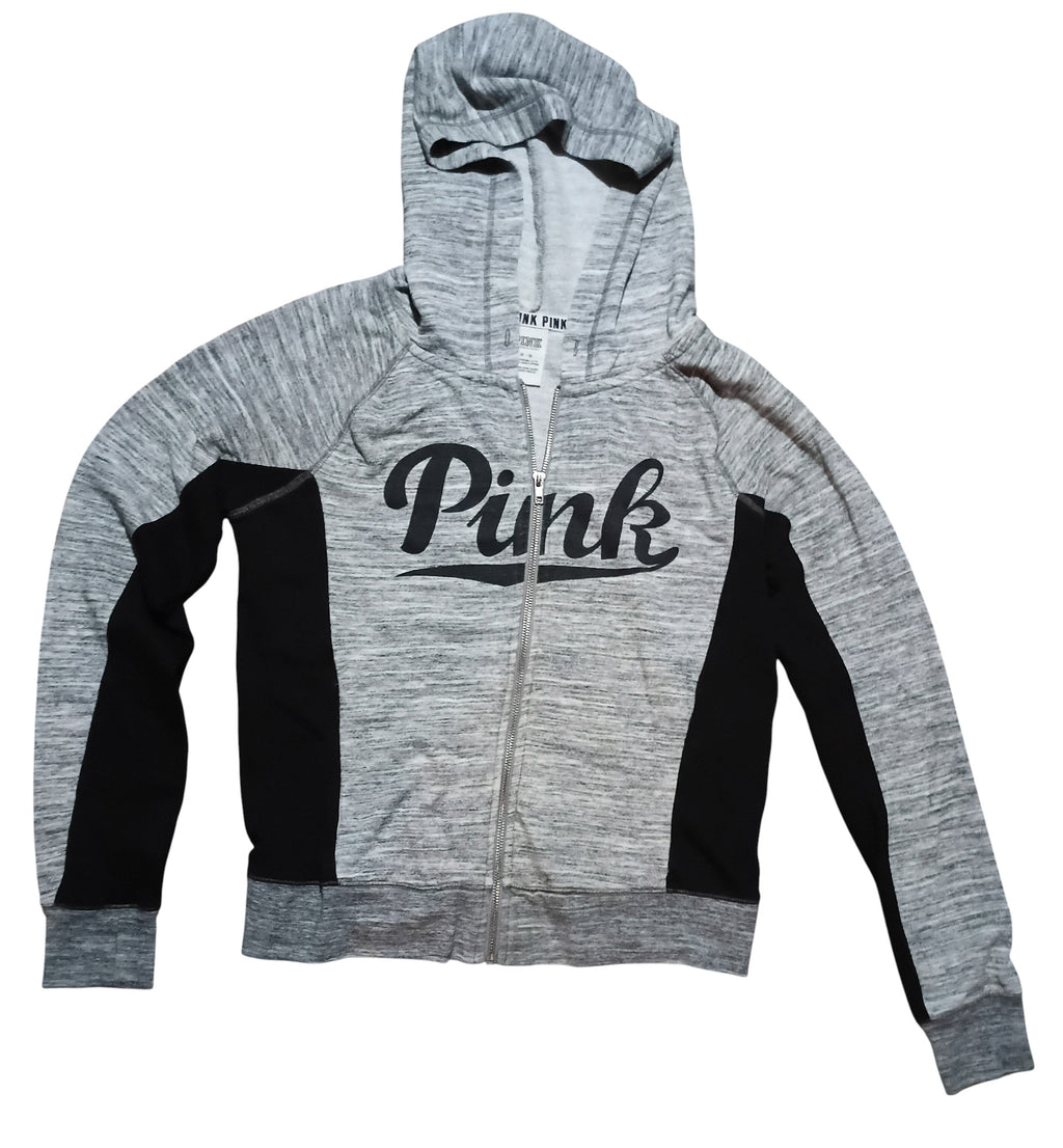 Victoria's Secret Pink Perfect Full Zip Hoodie Marl Gray and Black Size Medium