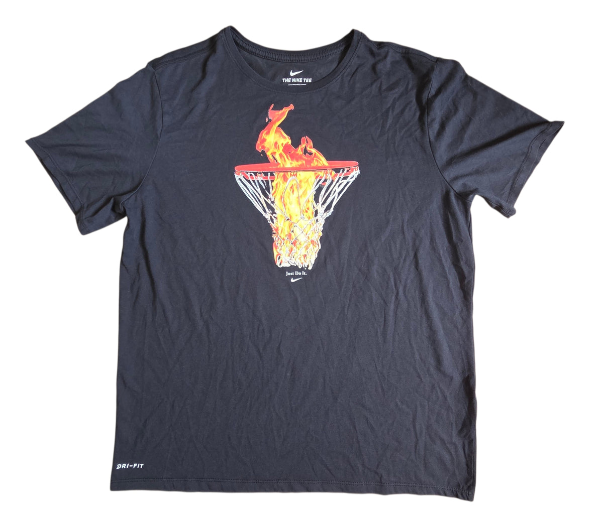 Nike Dri-Fit Flaming Basketball Hoop Black Graphic T-Shirt Size XL