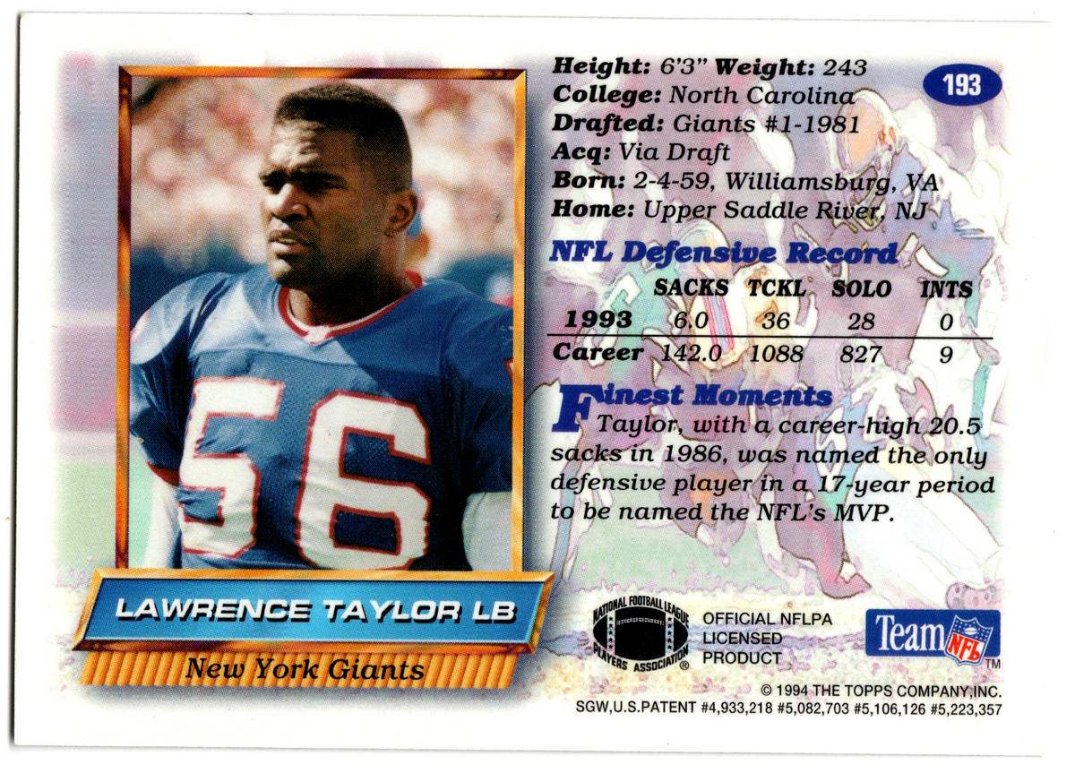 1994 Topps Finest Football #193 Lawrence Taylor New York Giants HOF image 2