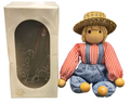 Handmade Wooden Boy Doll In Overalls With Cloth Body & Straw Hat