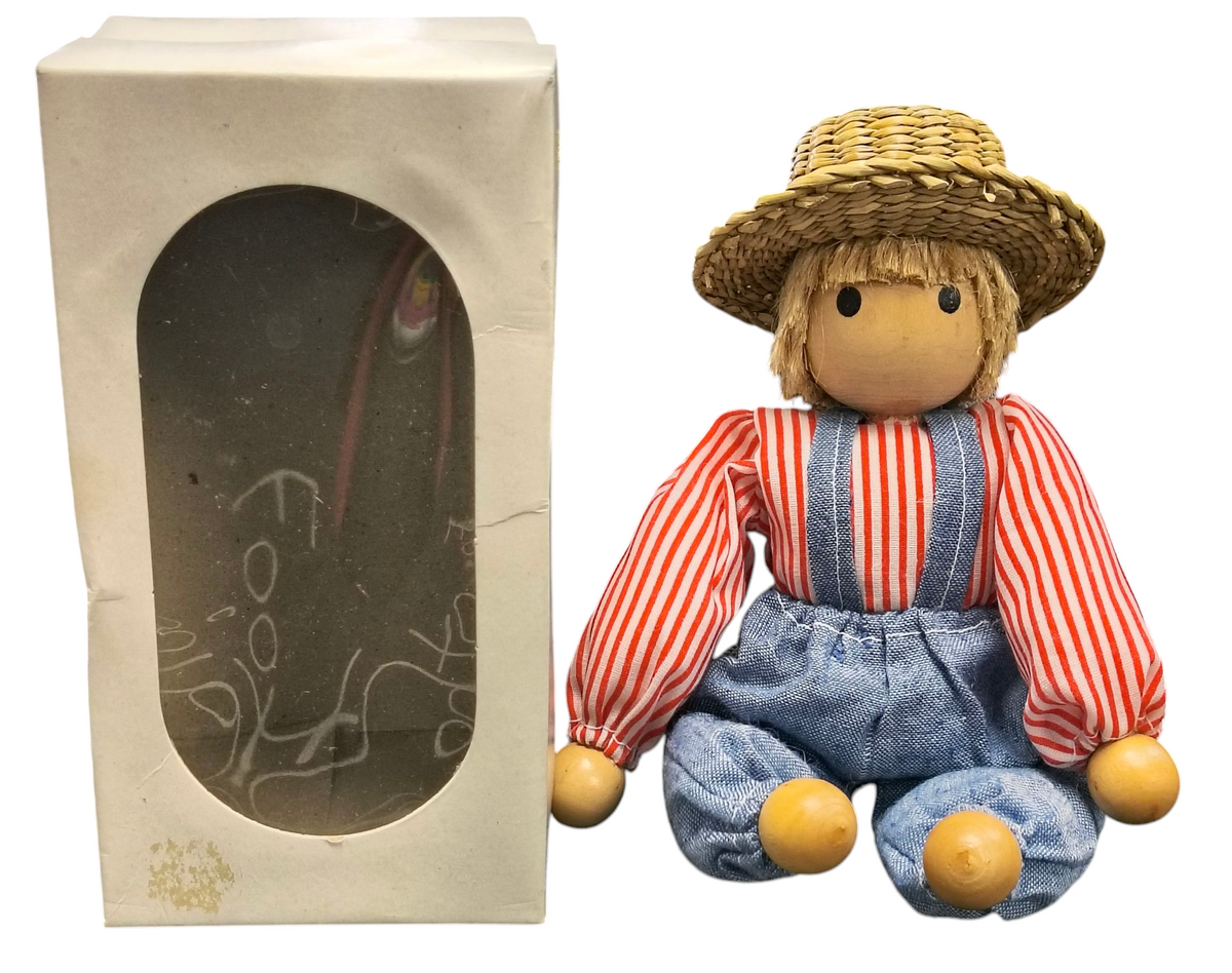 Handmade Wooden Boy Doll In Overalls With Cloth Body & Straw Hat