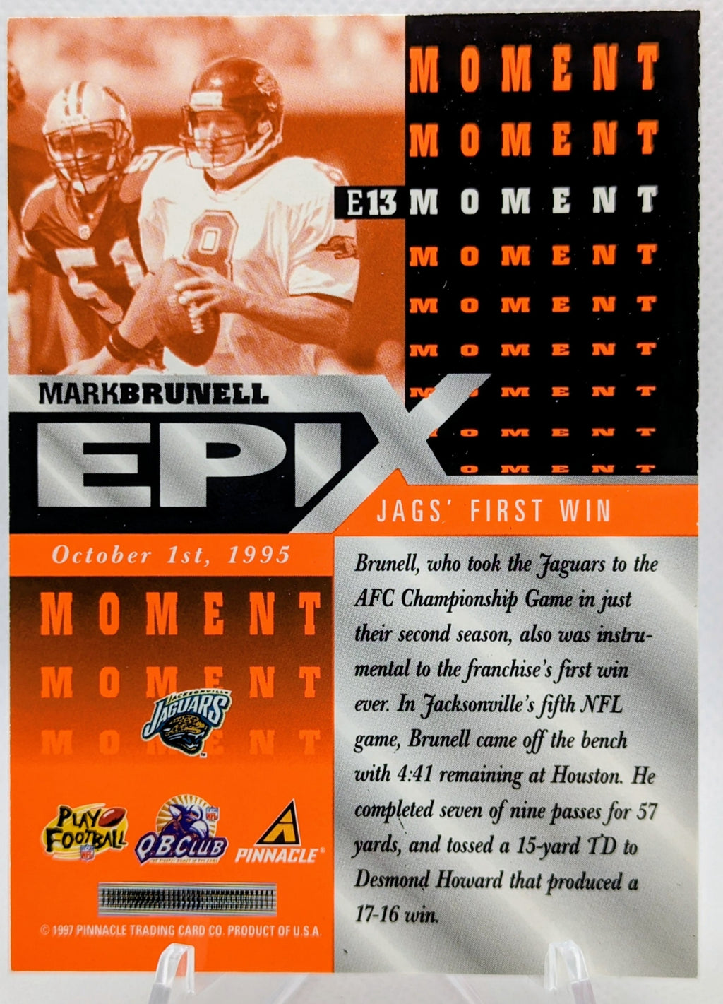 1997 Pinnacle Epix Moment Mark Brunell Orange #E13 Jacksonville Jaguars image 2