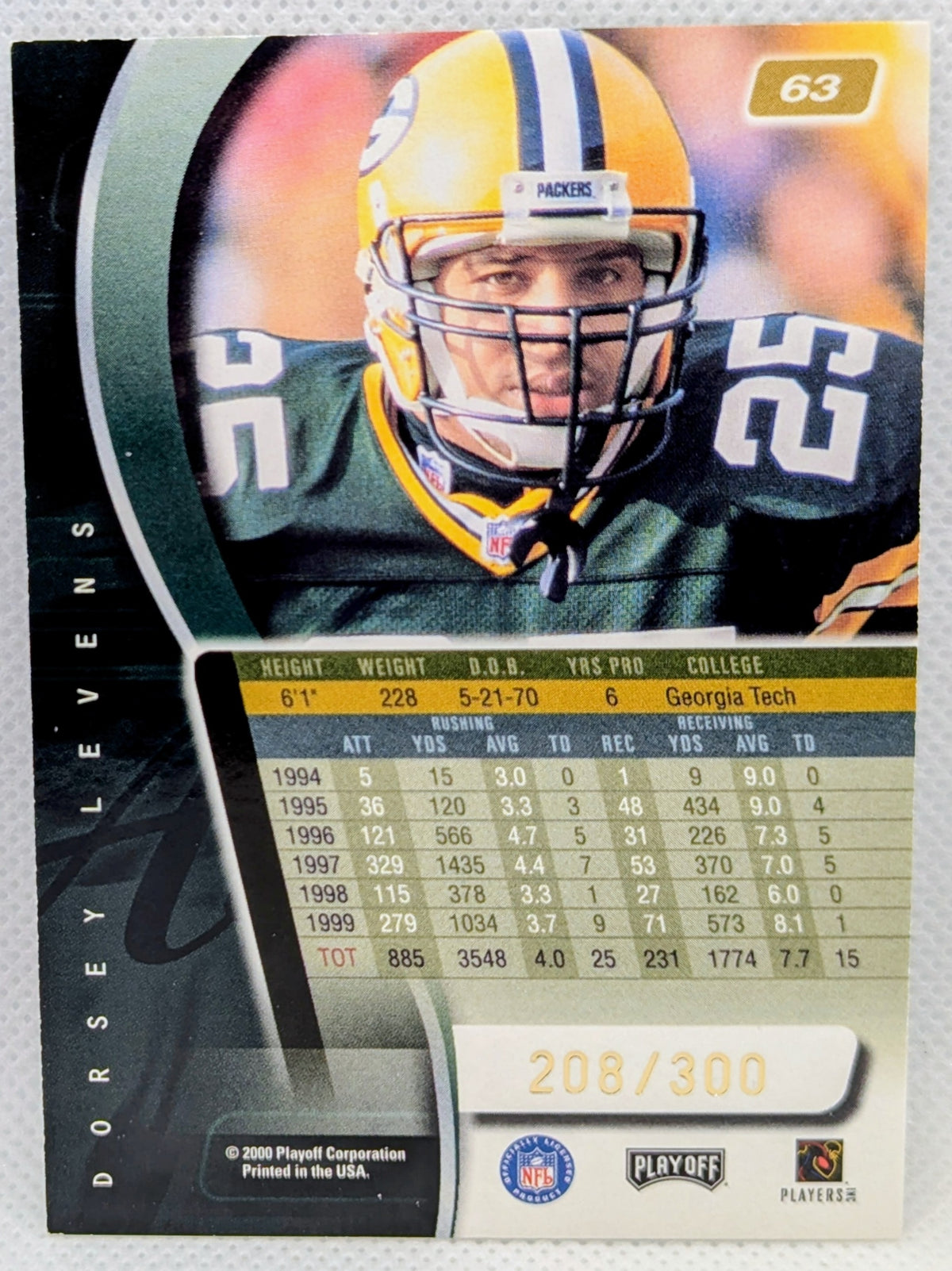 2000 Playoff Absolute Coaches Honors #63 Dorsey Levens Rookie /300 HOF image 2