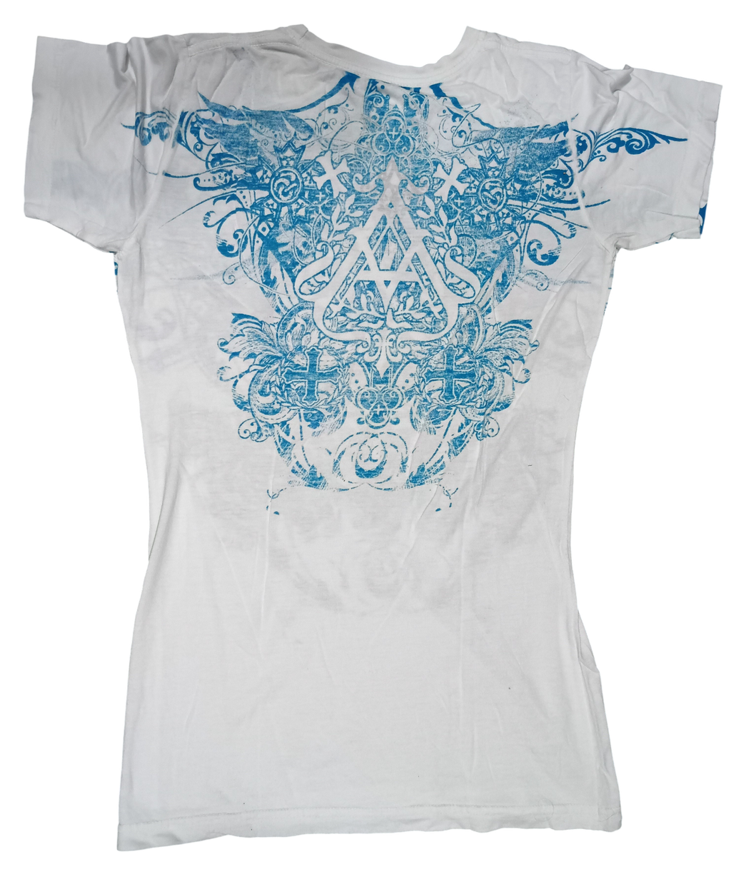 Y2K Archaic Atelier By Affliction White And Blue Womens Slim Fit Large T-Shirt image 2