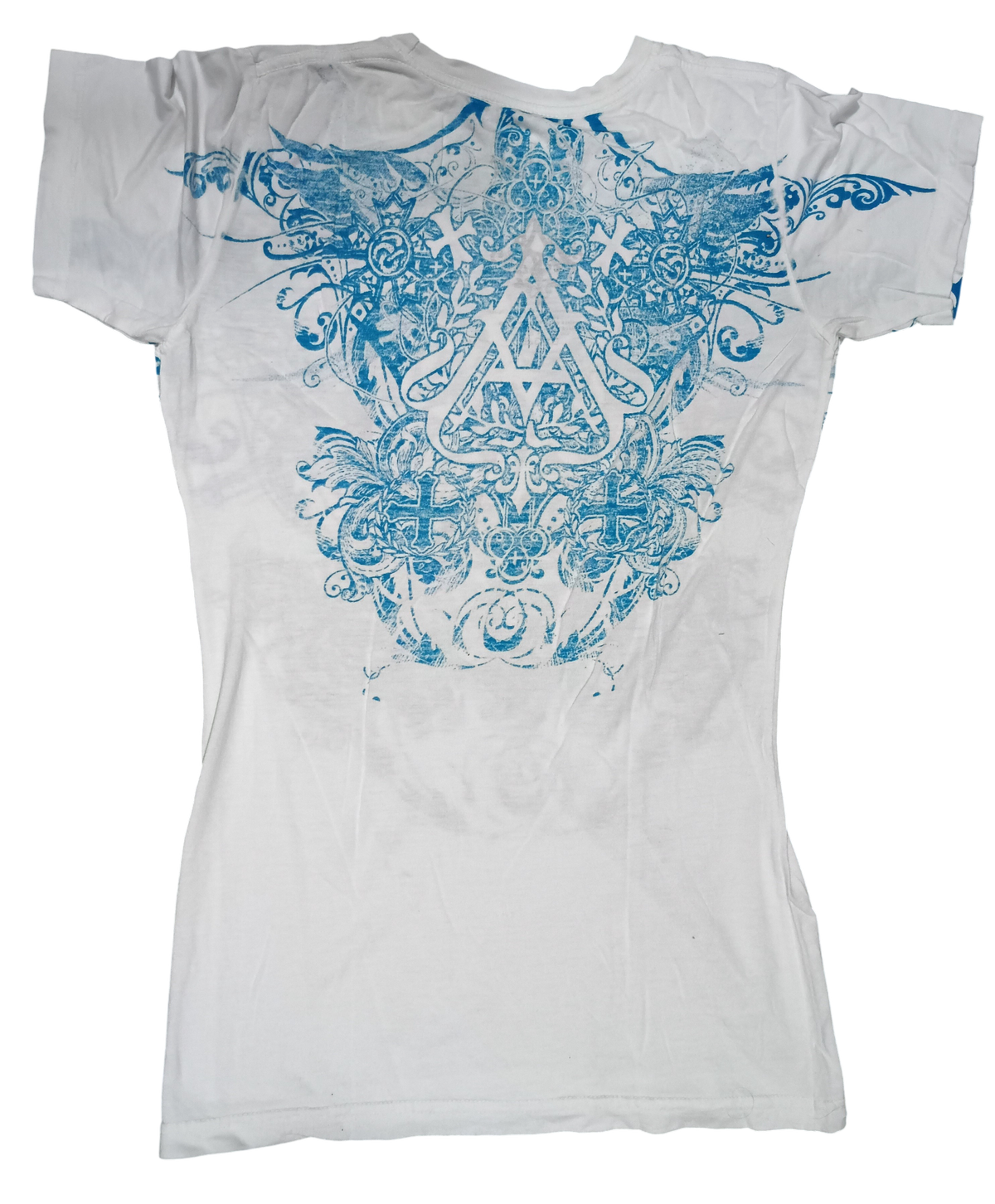 Y2K Archaic Atelier By Affliction White And Blue Womens Slim Fit Large T-Shirt image 2
