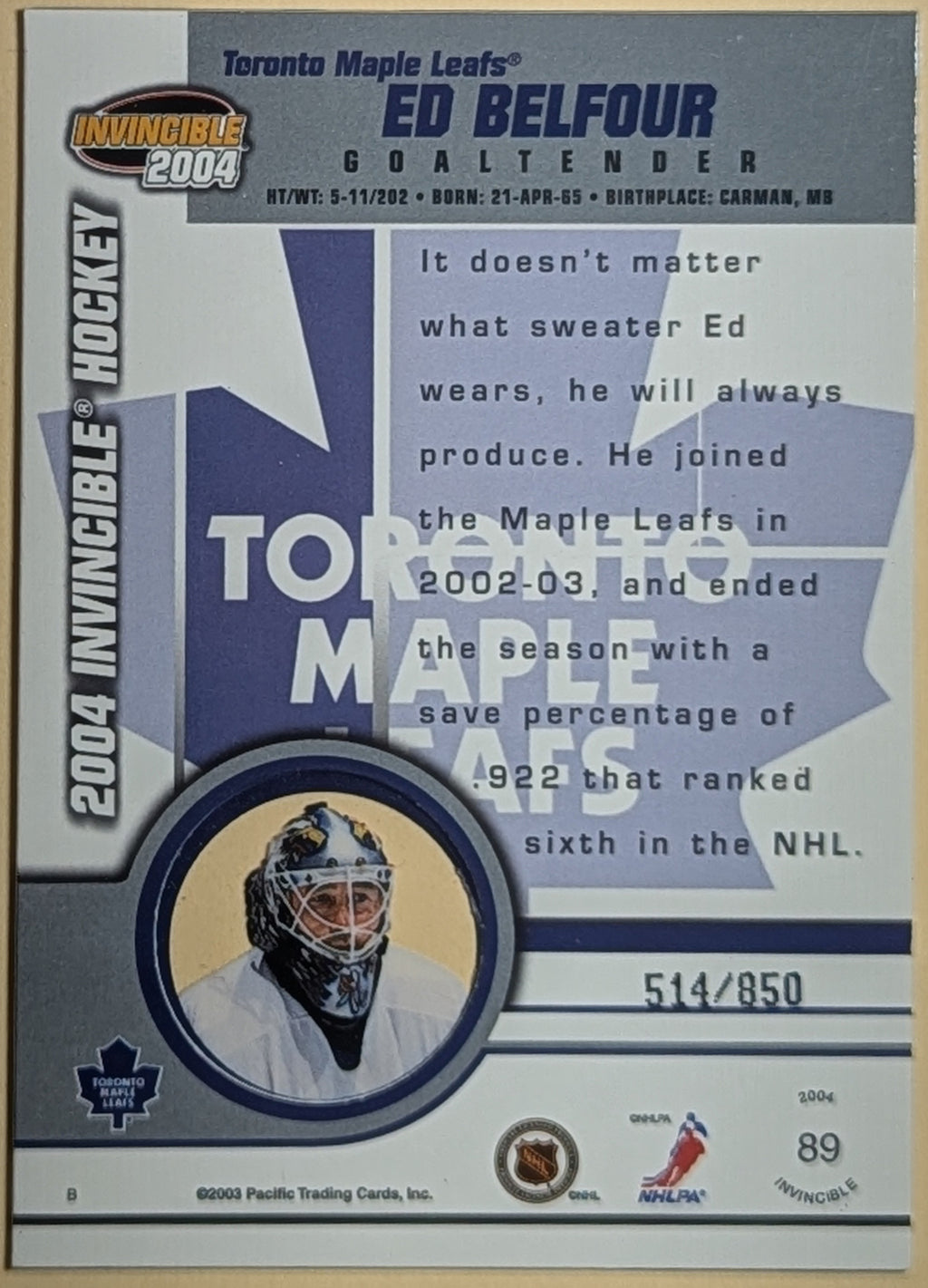 2003-04 Pacific Invincible Red #8 Ed Belfour Toronto Maple Leafs /850 image 2