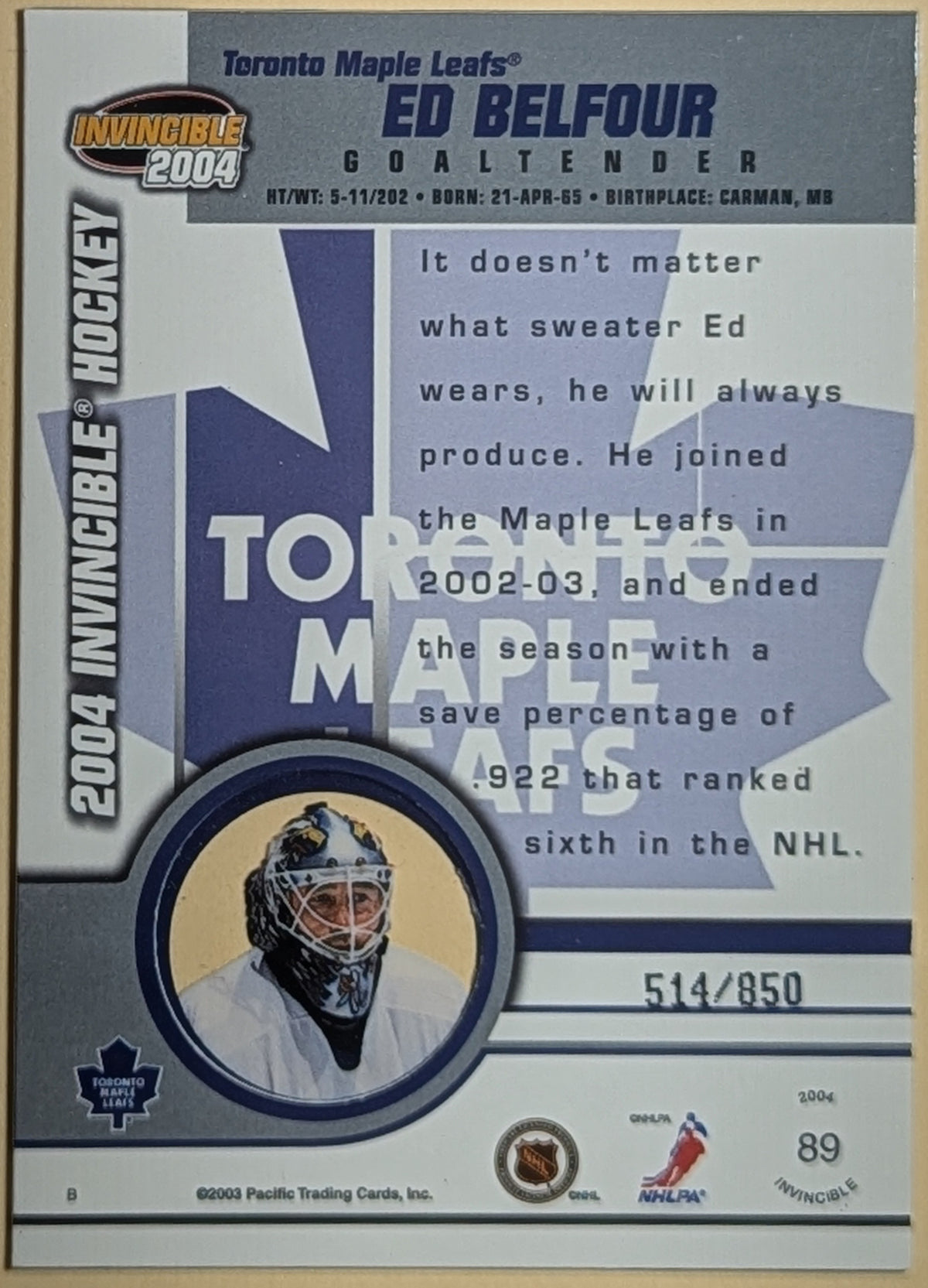 2003-04 Pacific Invincible Red #8 Ed Belfour Toronto Maple Leafs /850 image 2