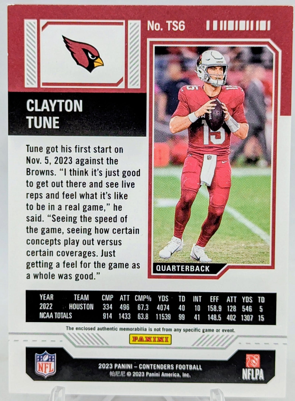 2023 Panini Contenders Rookie Ticket Swatch Patch Clayton Tune #TS6 Cardinals RC image 2