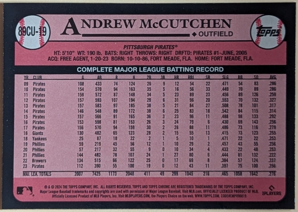 2024 Topps Chrome Update Andrew McCutchen Pirates 1989 Refractor #89CU-19 image 2