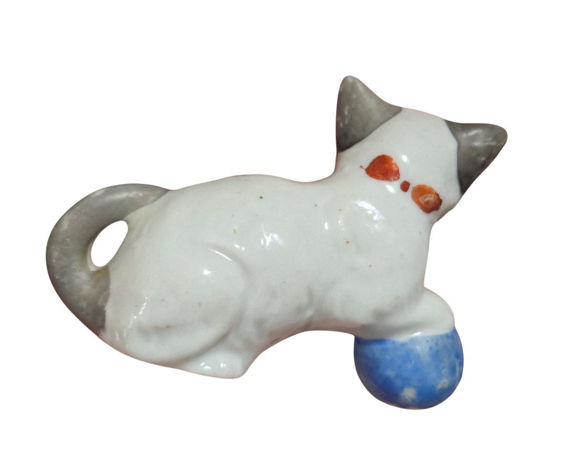 Vintage Made In Japan White And Grey Cat With Red Bow and Blue Ball image 2