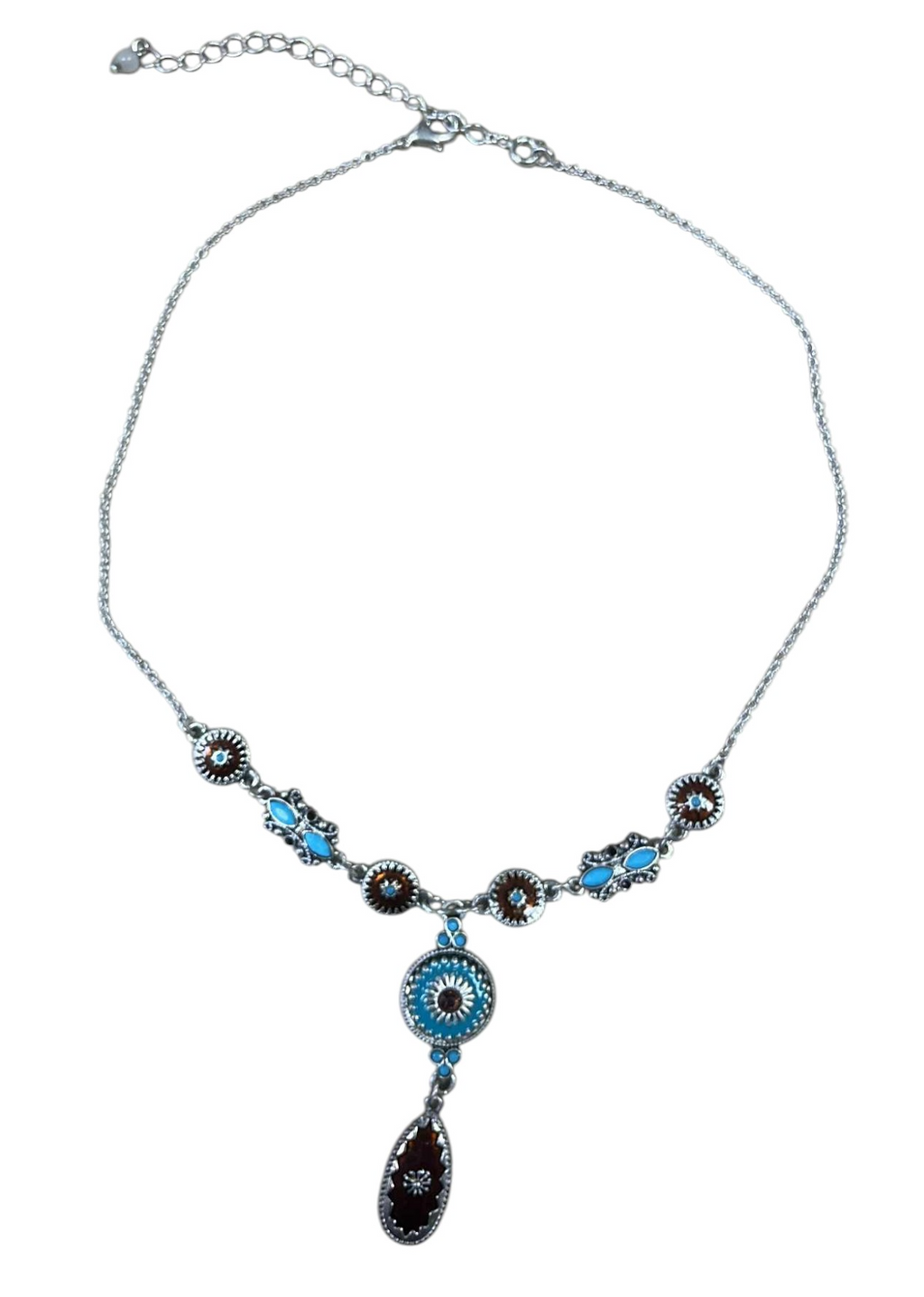 Vintage Avon NRT Southwestern Boho Silver Tone Turquoise Enamel Necklace - DT​​​
