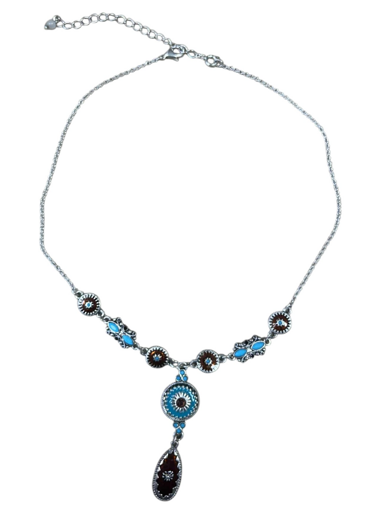 Vintage Avon NRT Southwestern Boho Silver Tone Turquoise Enamel Necklace - DT​​​