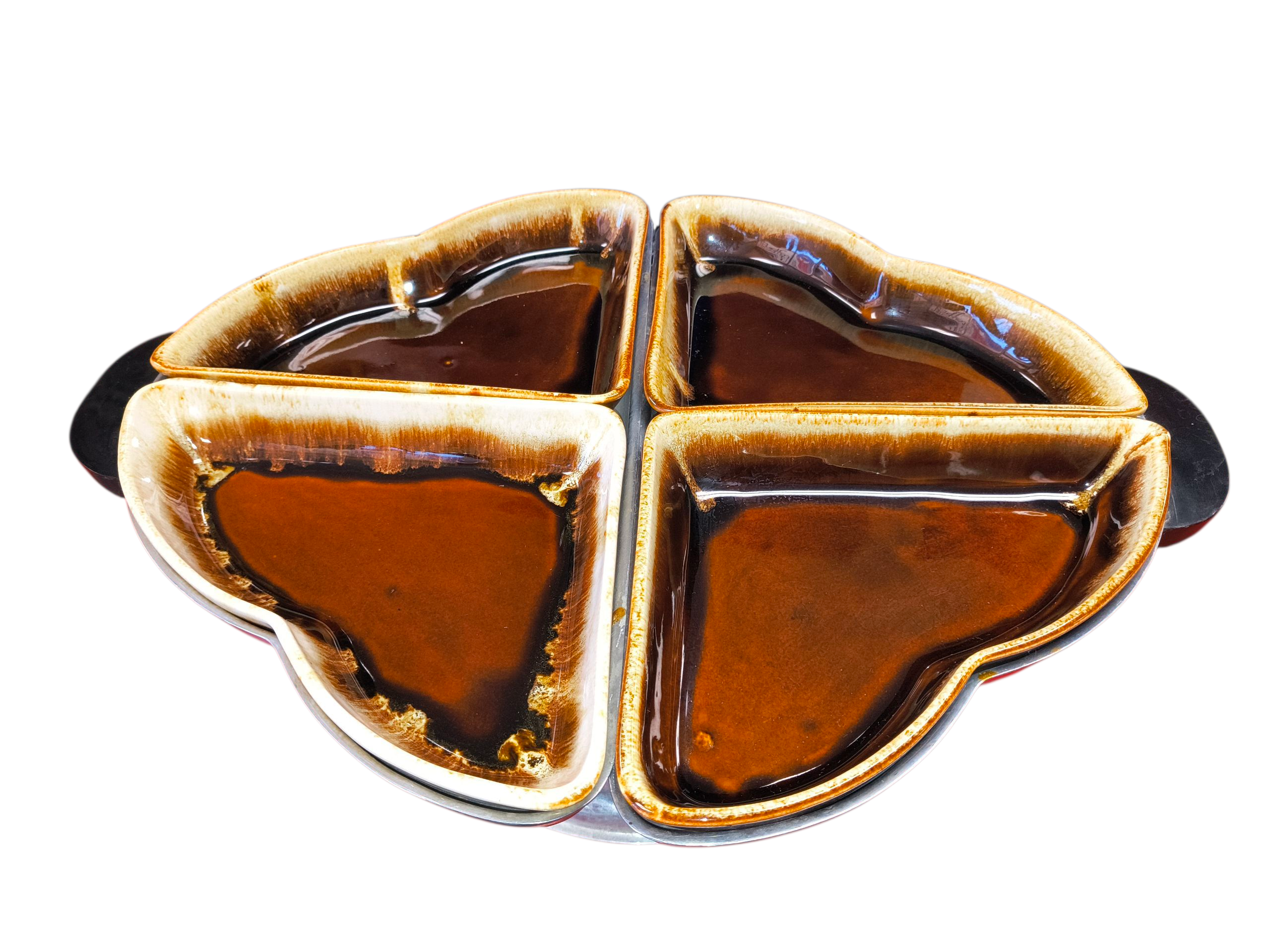 1950’s Aluminum Lazy Susan Ceramic Brown Drip Four Leaf Clover Sliding Trays