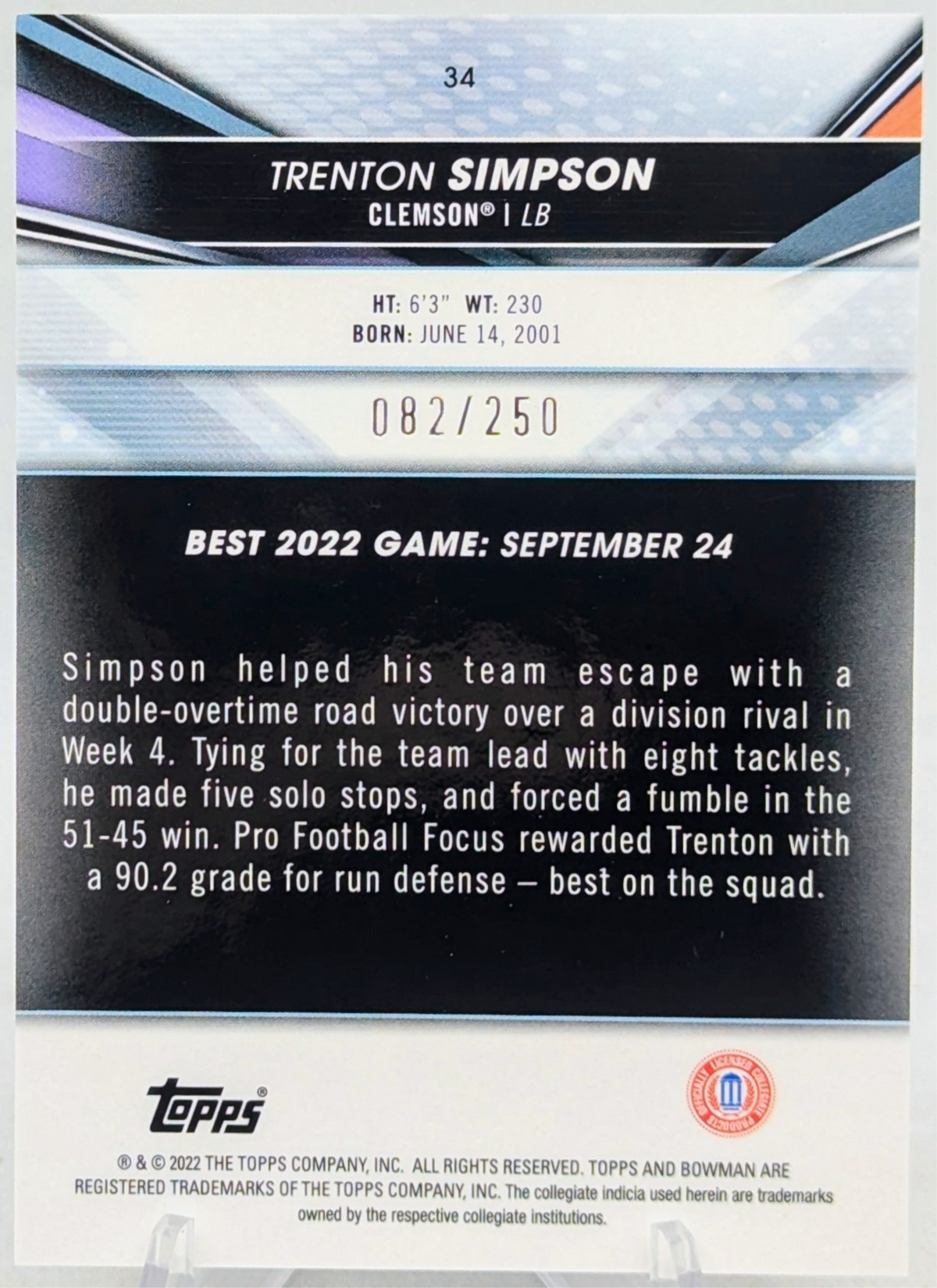 2022 Bowman's Best University Trenton Simpson #34 Purple Refractor /250 Clemson image 2