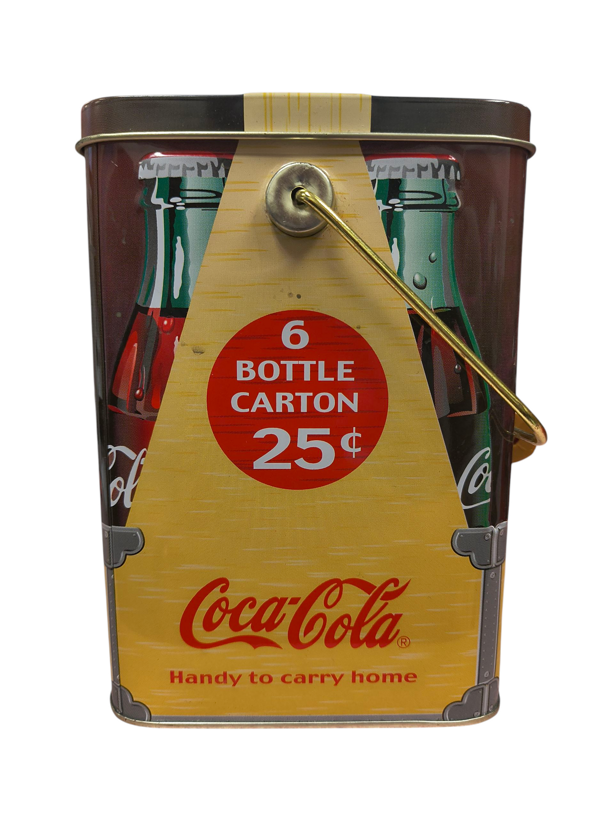 Coca Cola 25 Cent Bottle Carton Tin Mini Lunch Box With Wood Covered Handle image 3