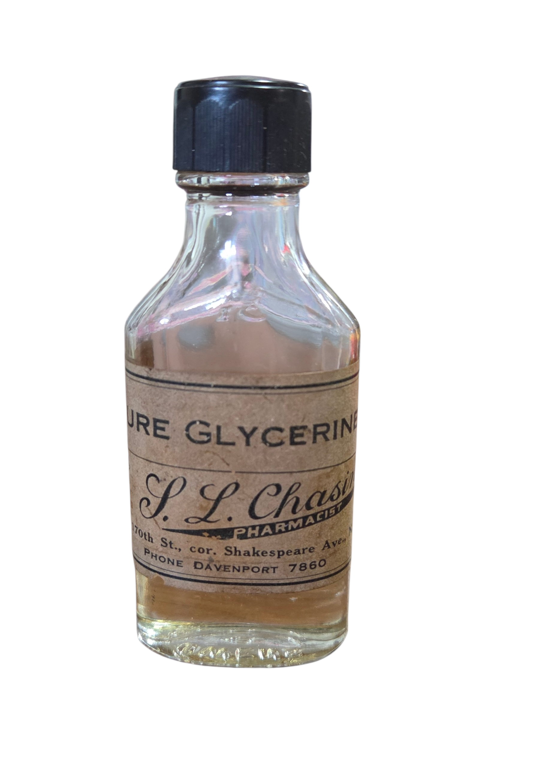 Vintage Early 1900s Pure Glycerine Bottle With Label S. L. Chasins Pharmacist