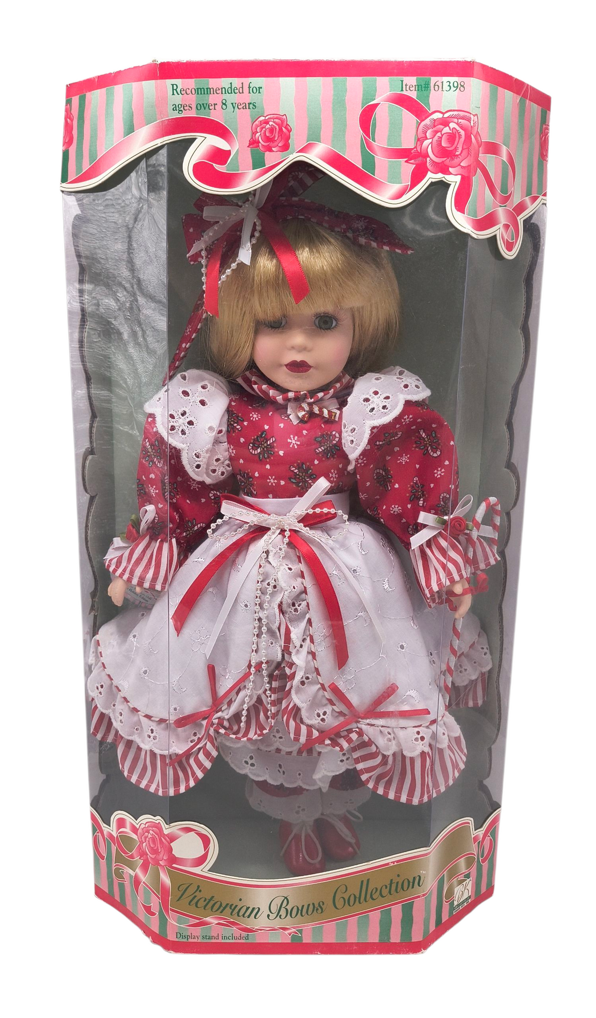 1997 Brass Key Victorian Bows Melissa Jane 16” Porcelain Doll Candy Cane Dress