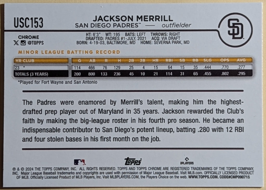2024 Topps Chrome Update Rookie Jackson Merrill #USC153 RC San Diego Padres image 2