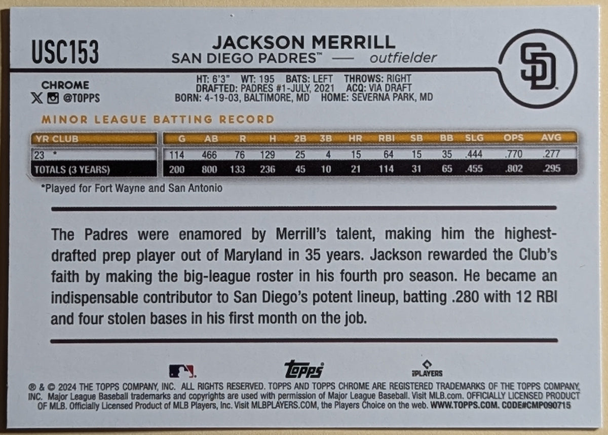 2024 Topps Chrome Update Rookie Jackson Merrill #USC153 RC San Diego Padres image 2