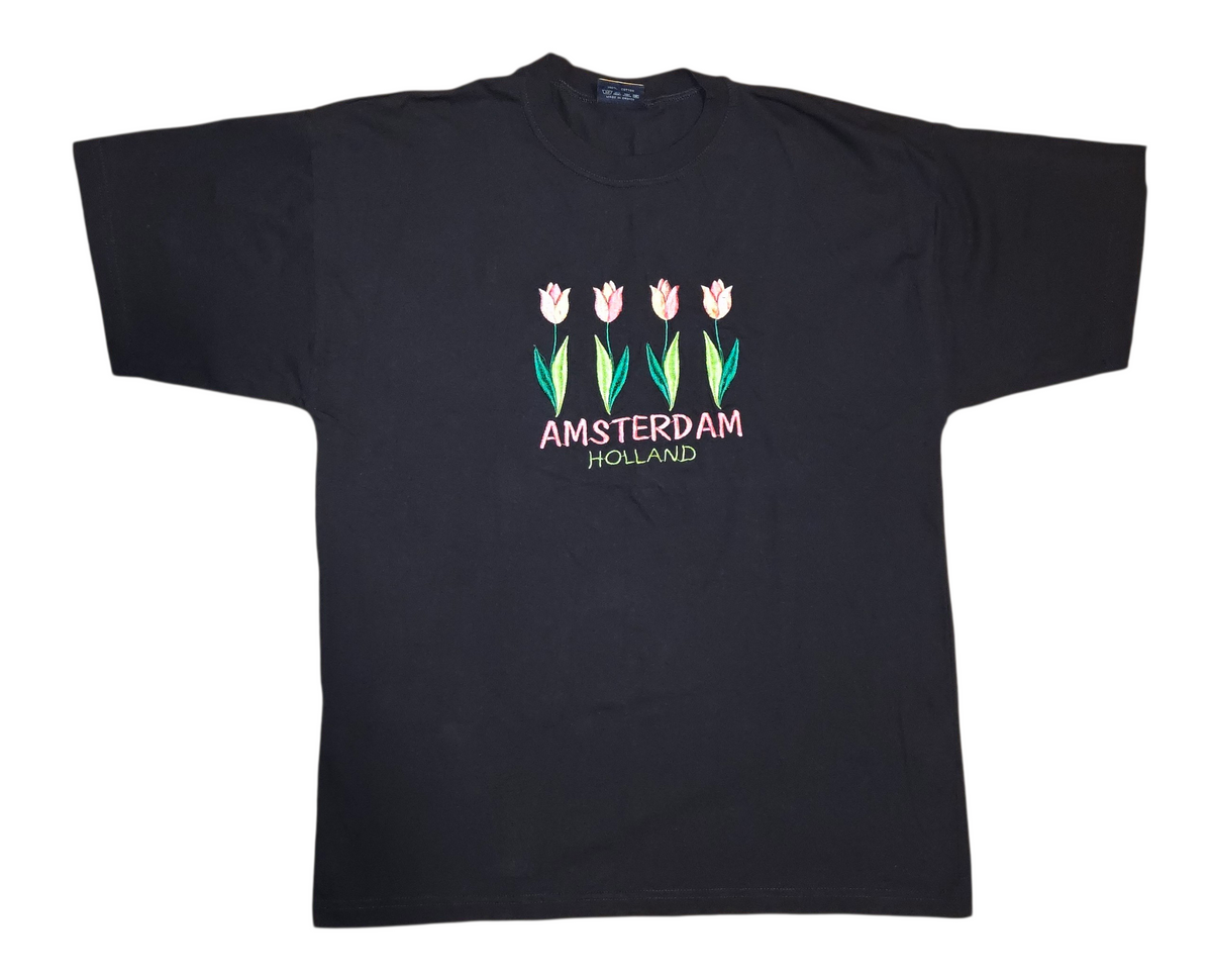 Malu Amsterdam Holland Tulips Embroidered Black T-Shirt Size XL