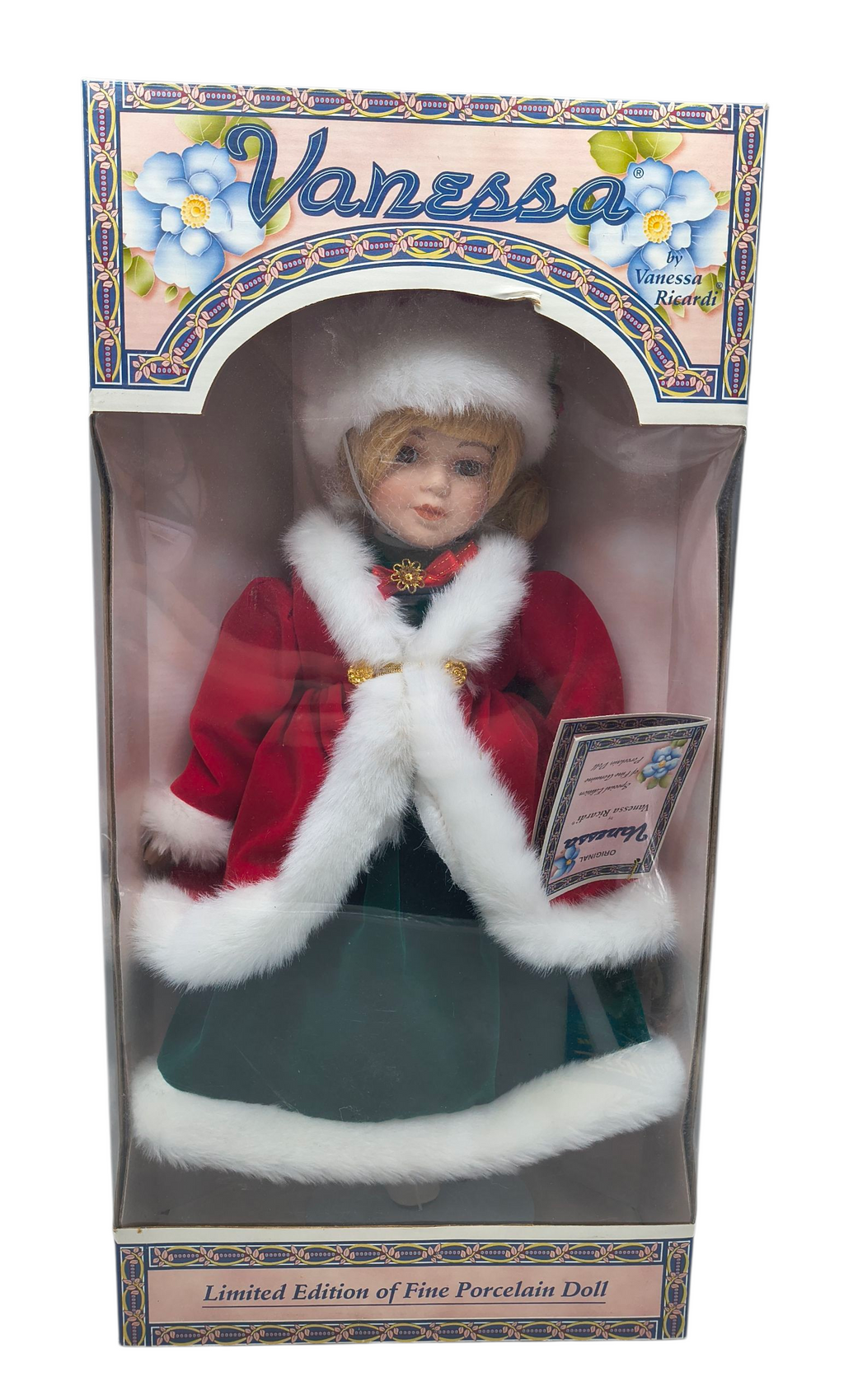 1998 Vanessa Ricardi Limited Porcelain Doll 16" Red & Green Winter Dress