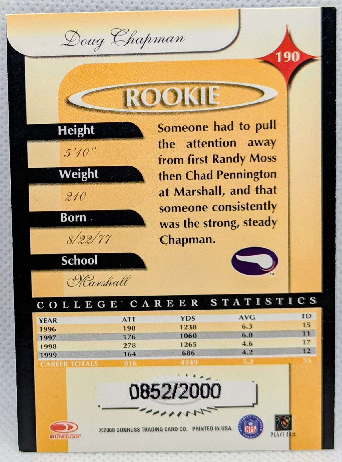 2000 Donruss Elite Rookie Doug Chapman #190 Rookie RC /2000 image 2