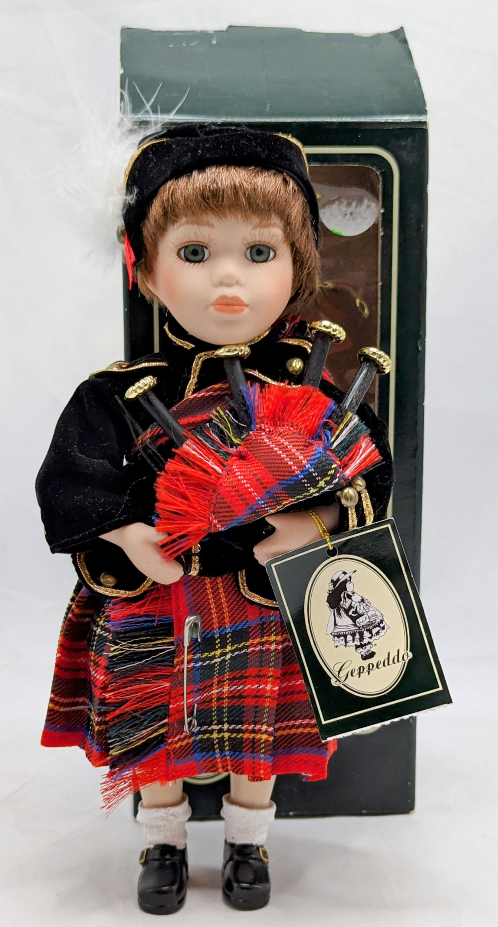 Vintage Geppedo Scottish Boy Porcelain Doll Gavin Kilt Bagpipe Red Tartan