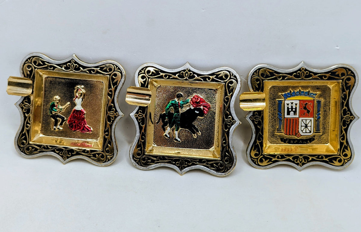 Vintage Damascene Toledo Ashtray Gold Toned Square Spain Design Set Of 3