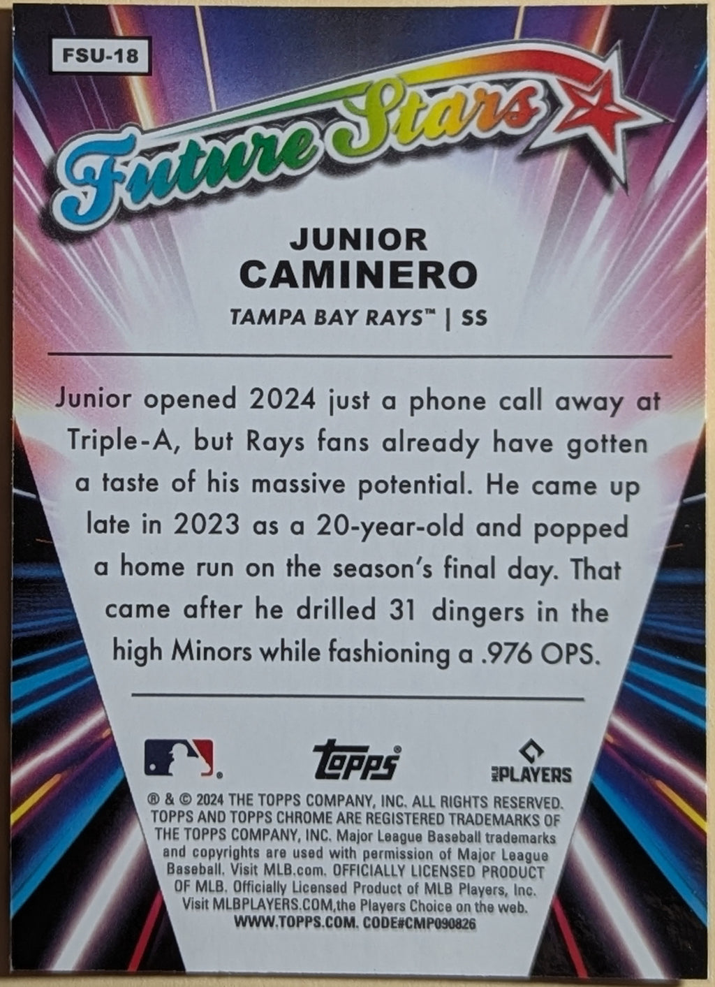 2024 Topps Chrome Update Future Stars FSU-18 Junior Caminero Tampa Bay Rays image 2