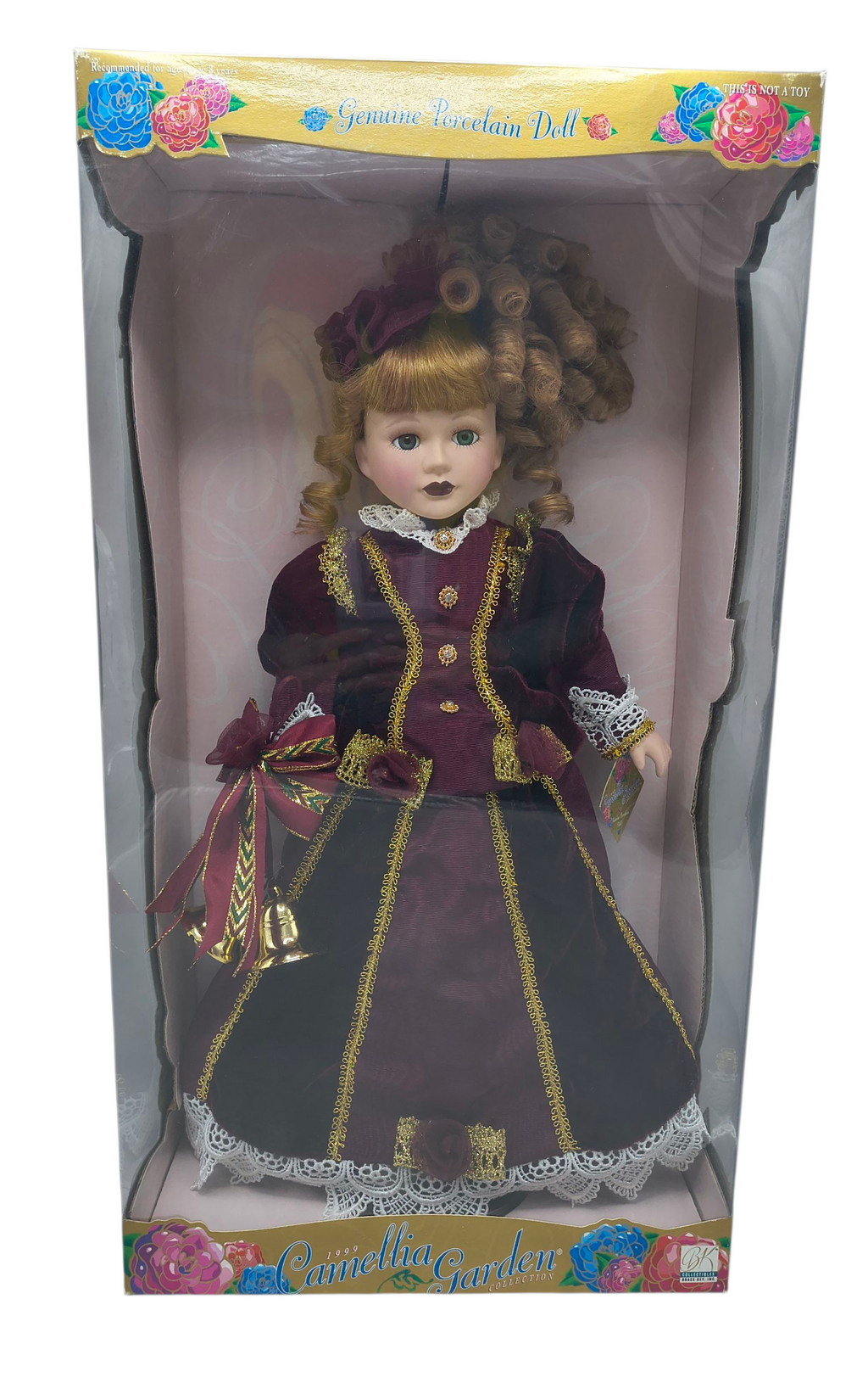 1997 Brass Key Camellia Garden Burgandy Dress w/ Gold Trim 16" Blonde Doll