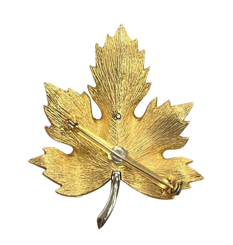 1950s Park Lane Gold Silver PL Rhinestone Maple Leaf Brooch Pin image 2