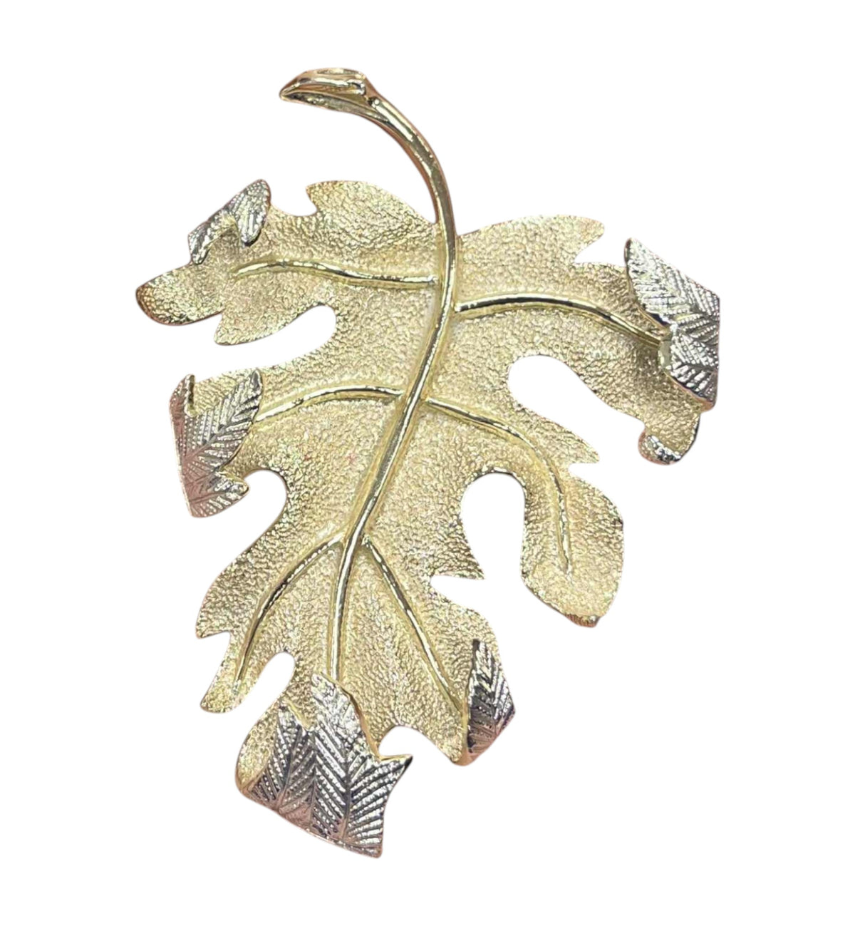 1960s Sarah Coventry Large 3" Textured Gold/Silver Tone Curled Leaf Brooch Pin