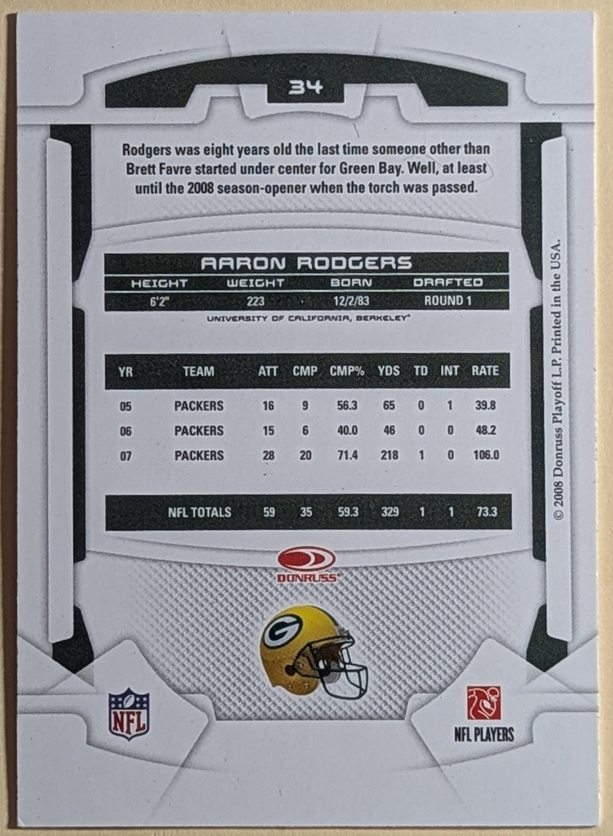 2008 Leaf Rookies & Stars Aaron Rodgers #34 Green Bay Packers Base Card image 2