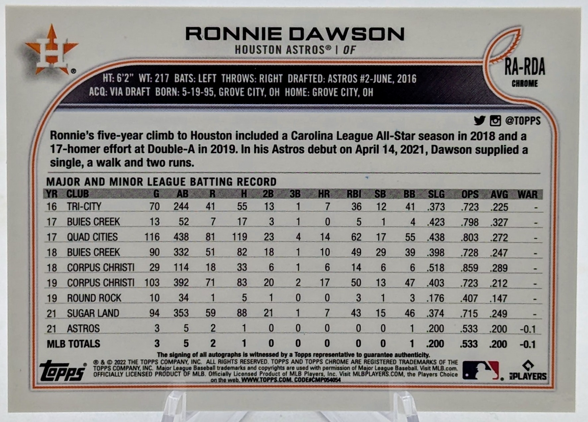 2022 Topps Chrome Ronnie Dawson Autograph Rookie Auto RC #RA-RDA Astros image 2